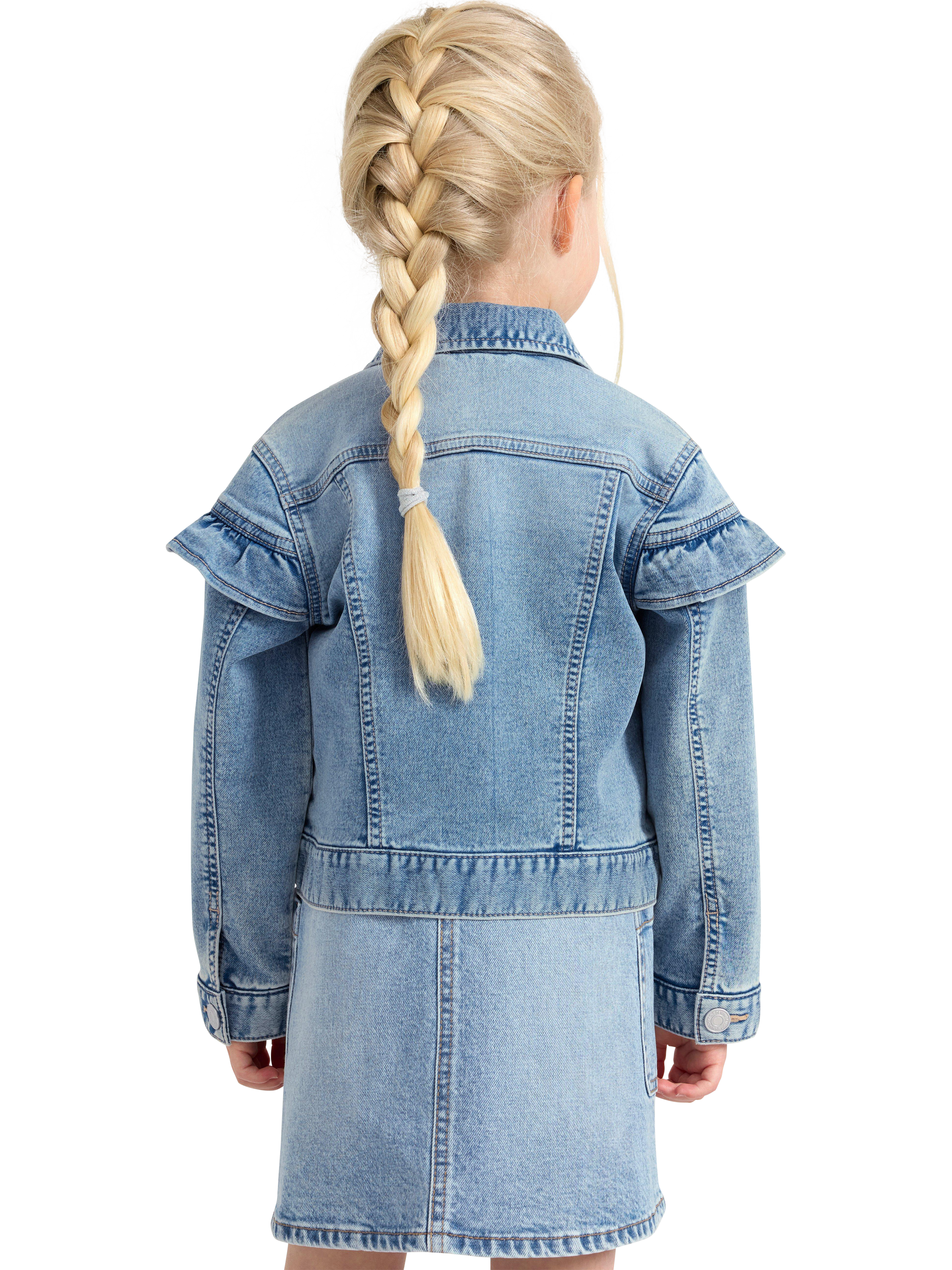 Product image 2 of 6, which shows Lindex Kids' Frill Denim Jersey Jacket, Light Denim, 6-7 years