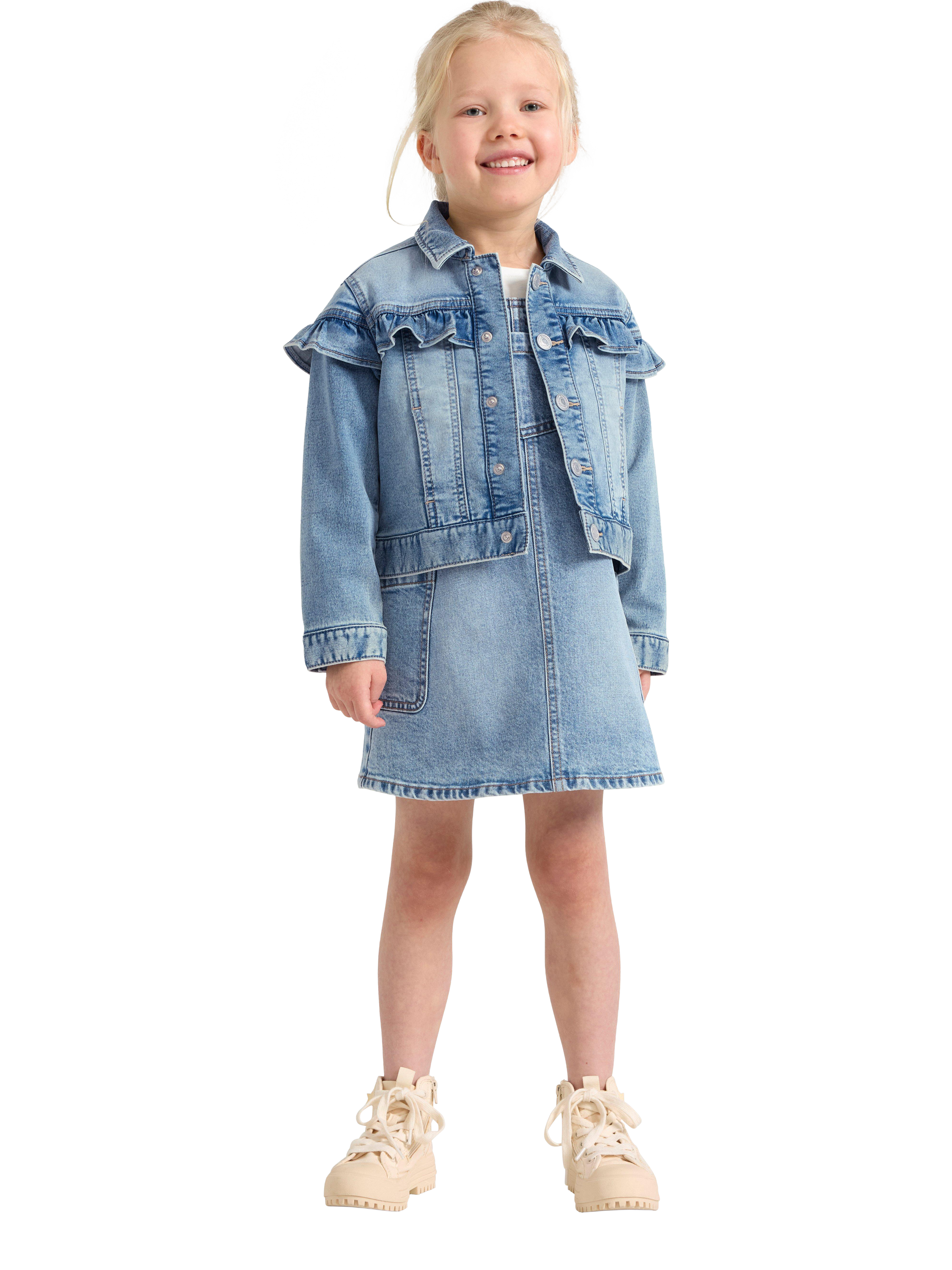 Product image 3 of 6, which shows Lindex Kids' Frill Denim Jersey Jacket, Light Denim, 6-7 years