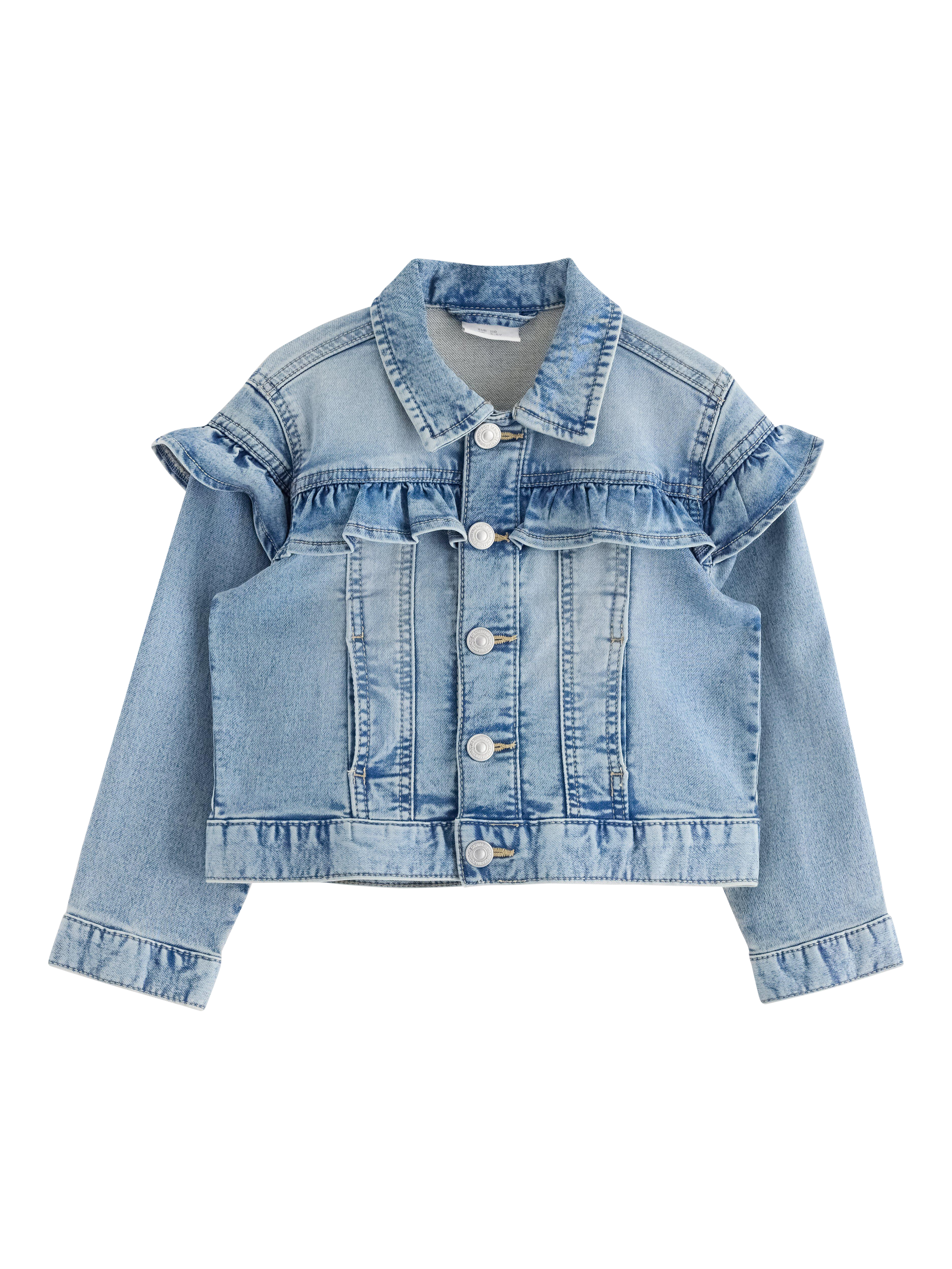 Product image 4 of 6, which shows Lindex Kids' Frill Denim Jersey Jacket, Light Denim, 6-7 years