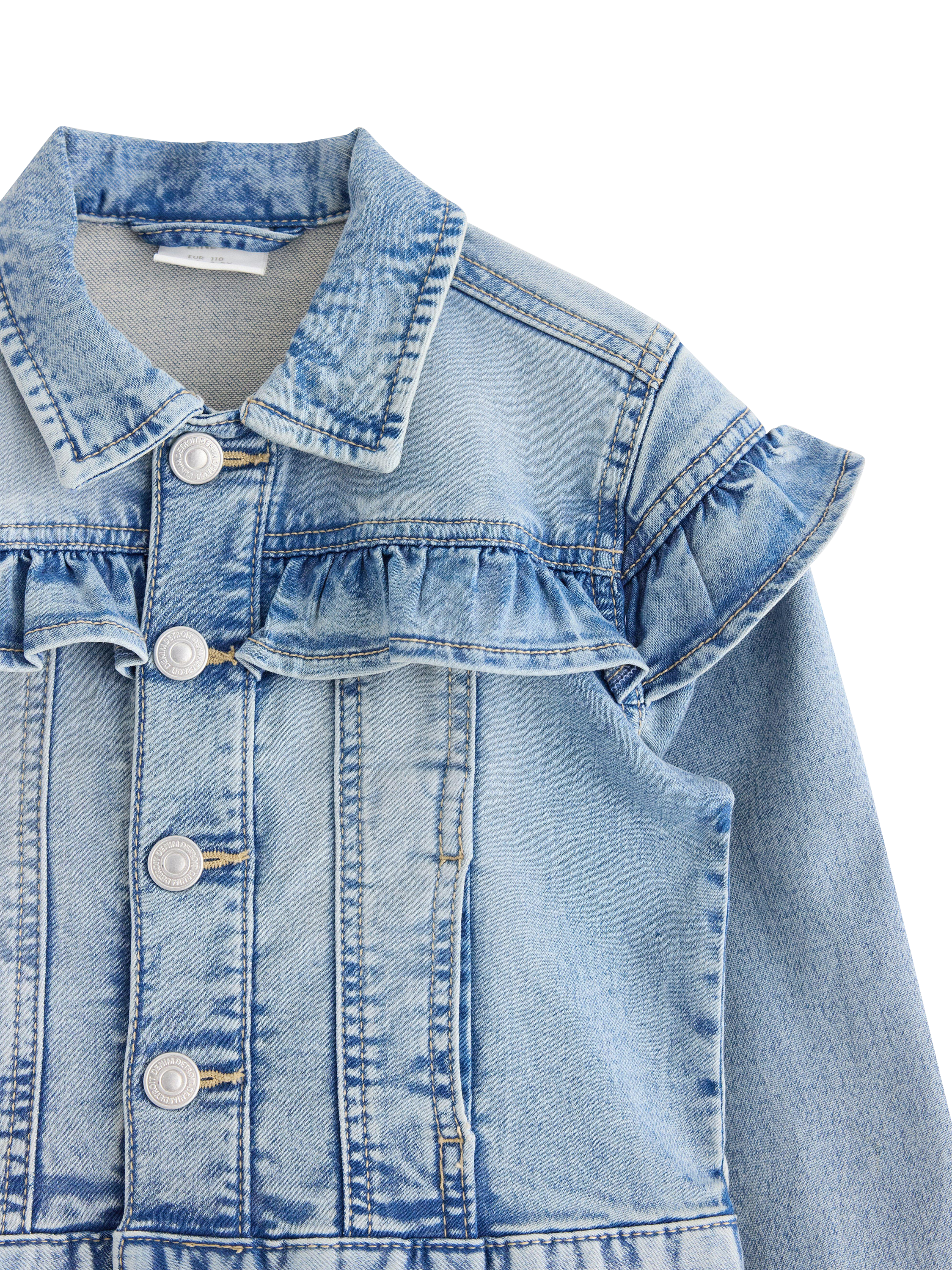 Product image 6 of 6, which shows Lindex Kids' Frill Denim Jersey Jacket, Light Denim, 6-7 years