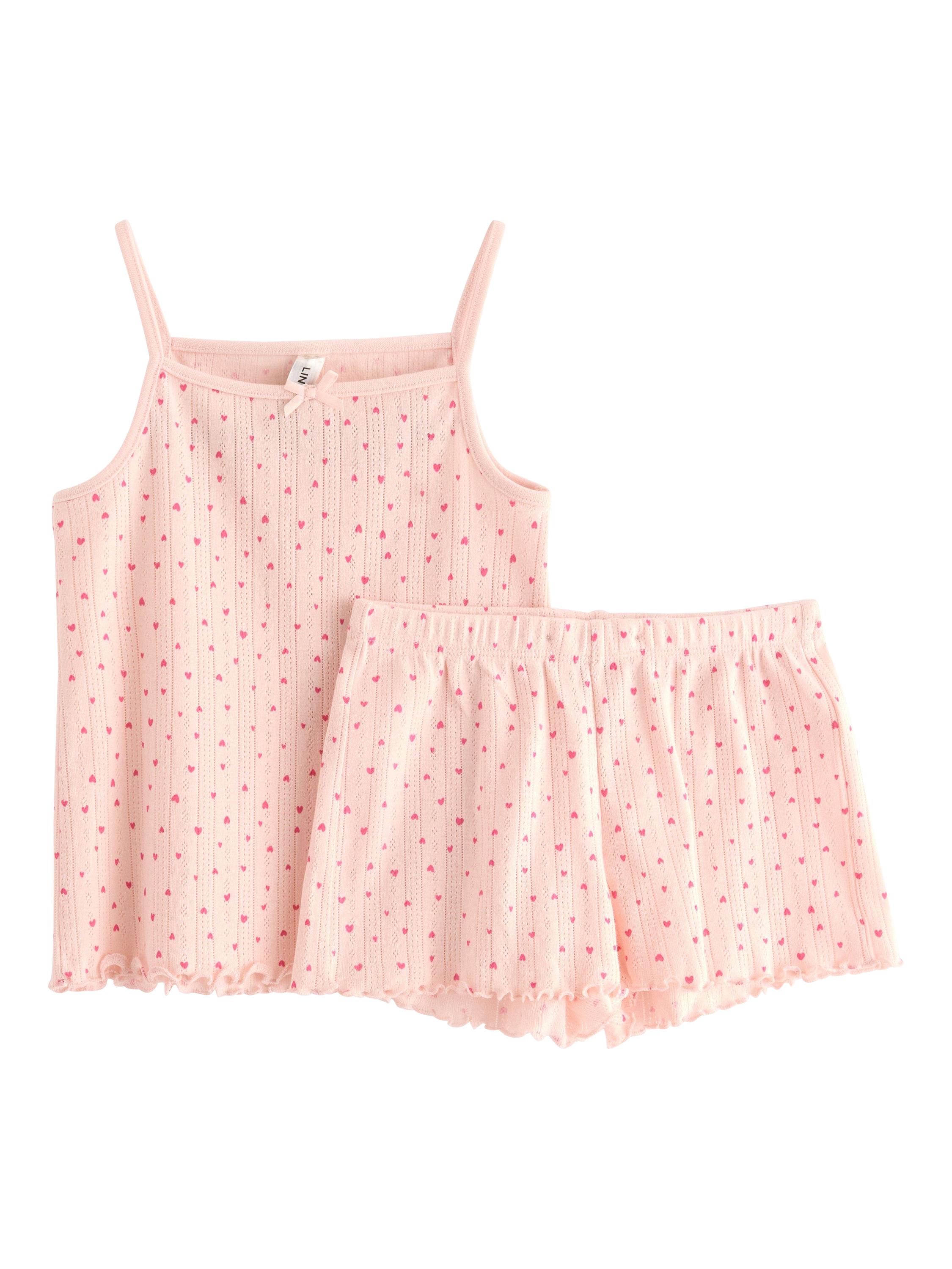 Product image 1 of 3, which shows Lindex Kids' Cotton Heart Print Shortie Pyjama Set, Light Pink, 18-24 months