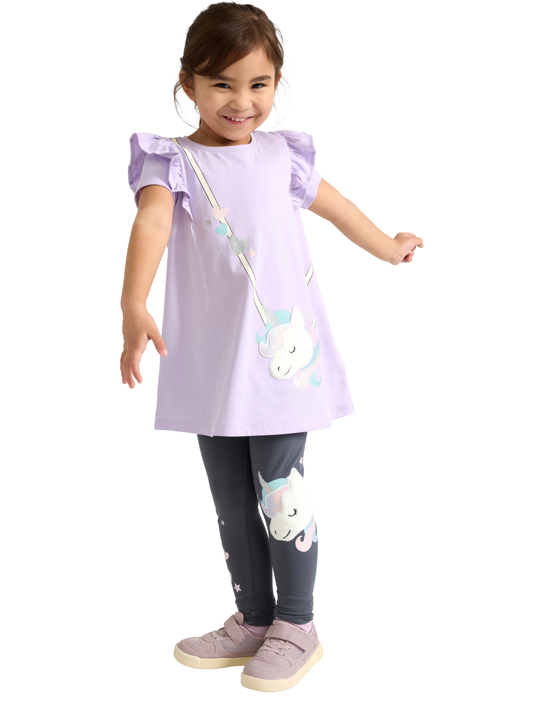 Product image 1 of 6, which shows Lindex Kids' Cotton Short Sleeved Unicorn Tunic Top, Light Lilac, 2-3 yrs