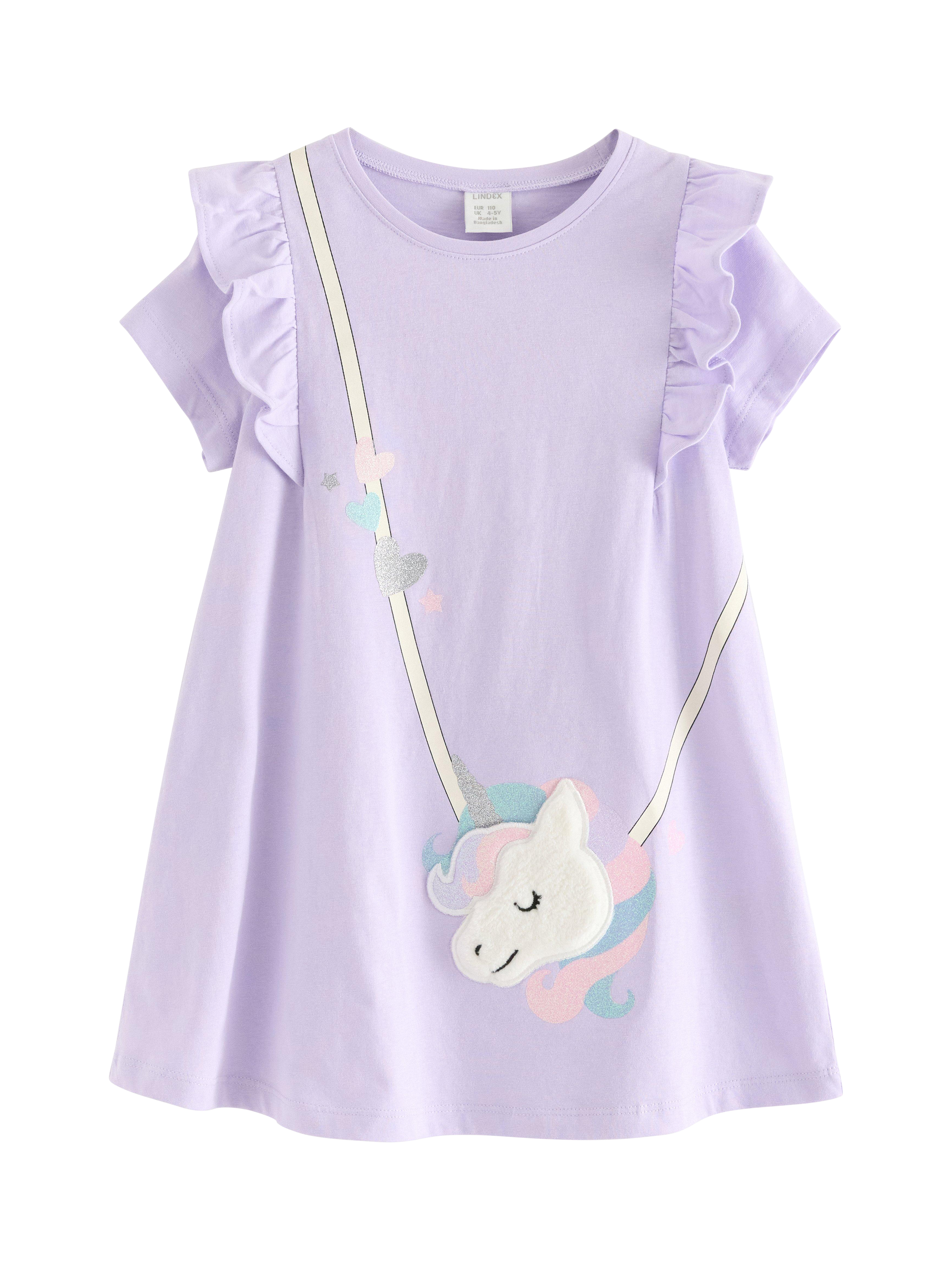 Product image 4 of 6, which shows Lindex Kids' Cotton Short Sleeved Unicorn Tunic Top, Light Lilac, 2-3 yrs