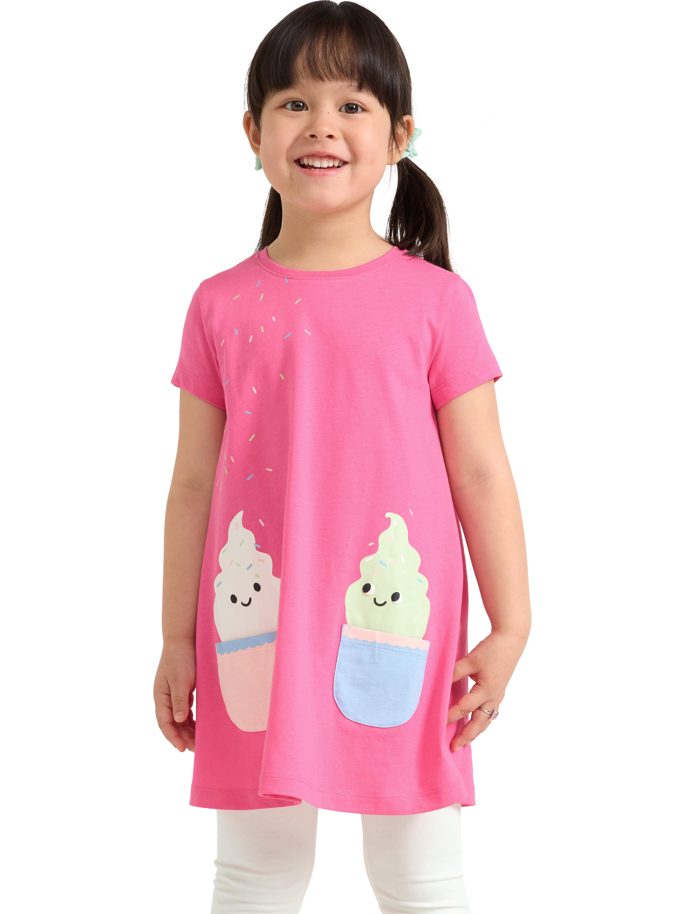 Product image 1 of 6, which shows Lindex Kids' Cotton Ice Cream Print Tunic Top, Pink, 4-5 years
