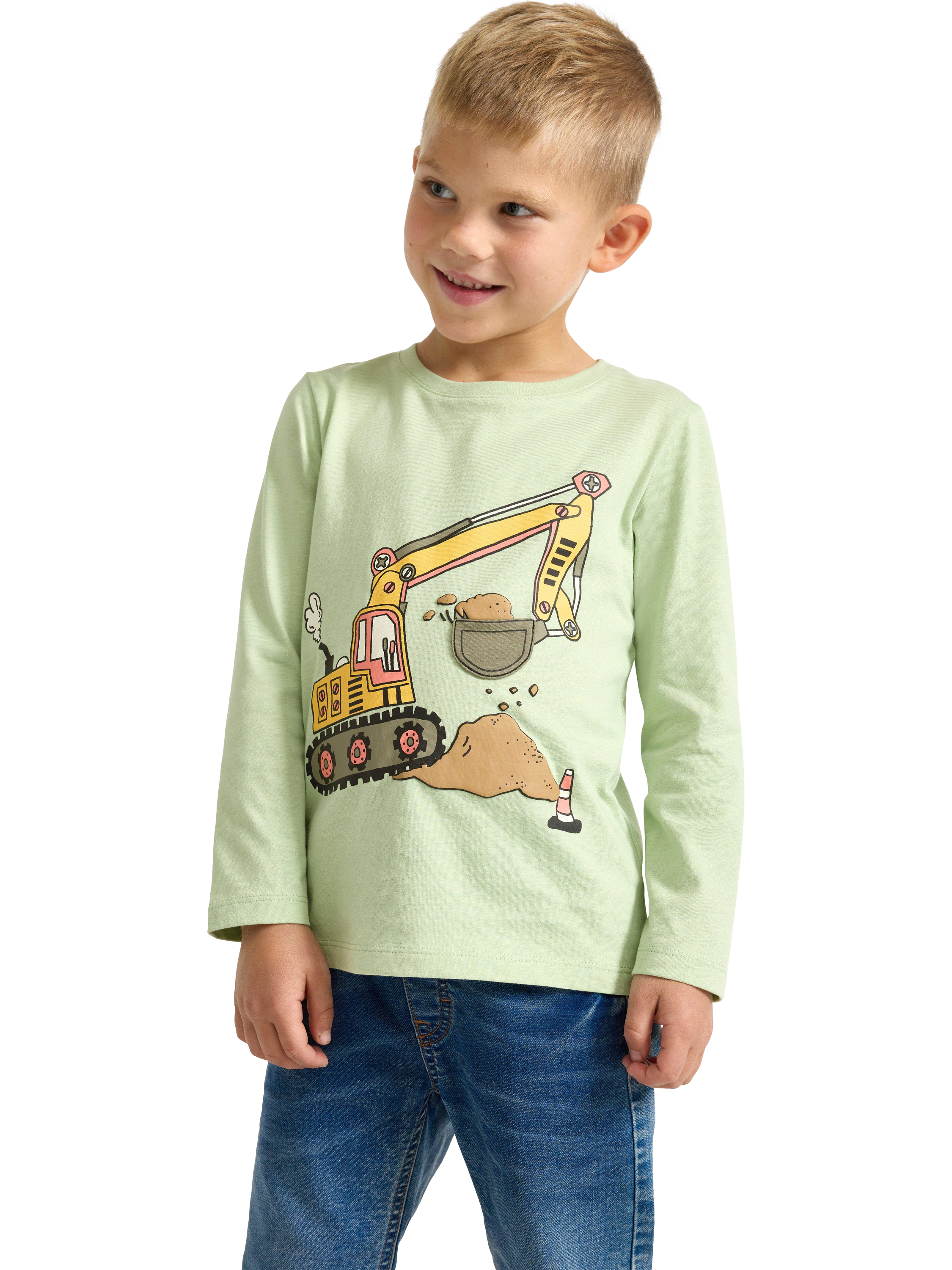 Product image 1 of 6, which shows Lindex Kids' Cotton Digger Print Long Sleeve T-Shirt, Light Dusty Green, 6-7 years