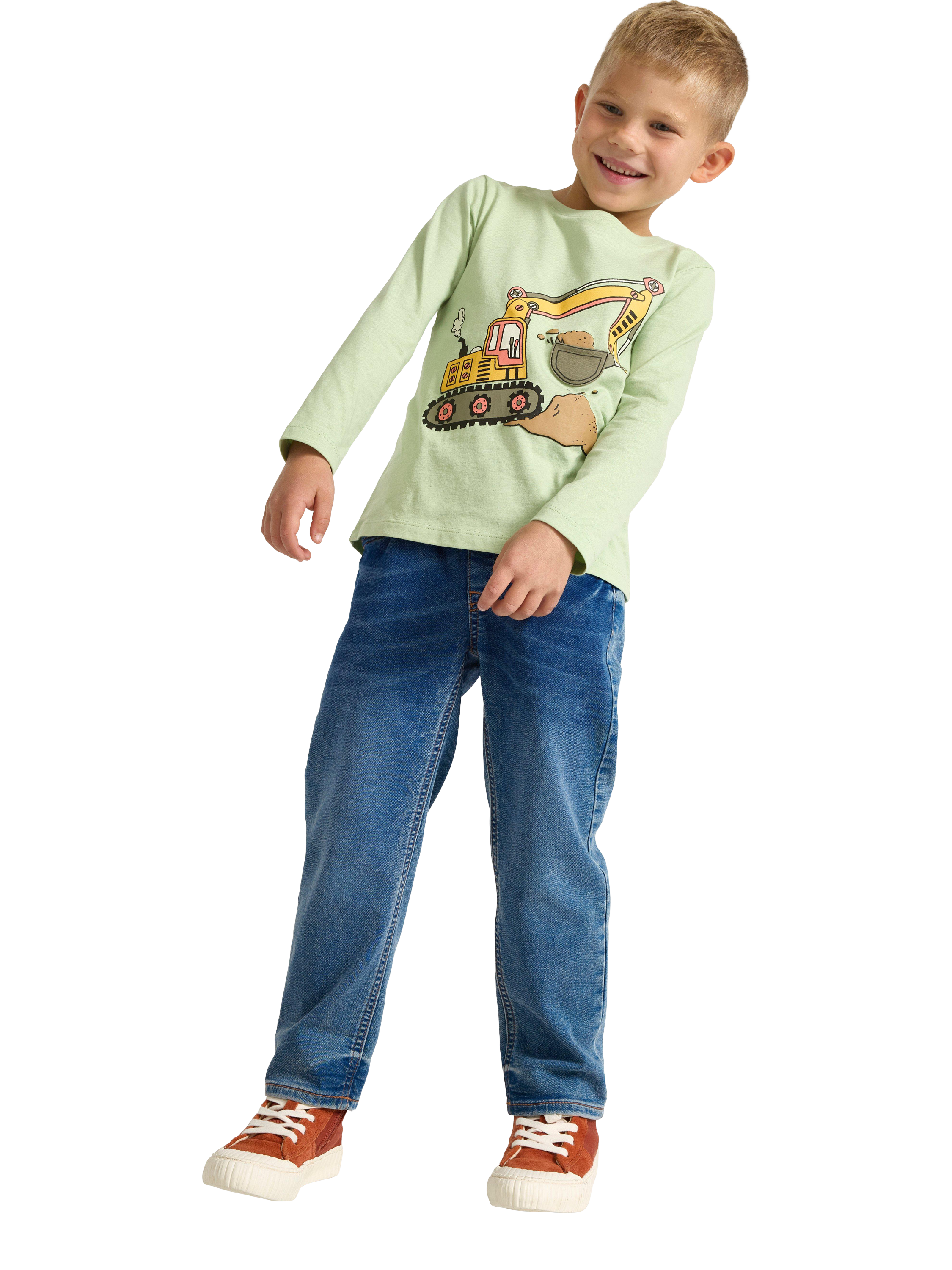 Product image 3 of 6, which shows Lindex Kids' Cotton Digger Print Long Sleeve T-Shirt, Light Dusty Green, 6-7 years