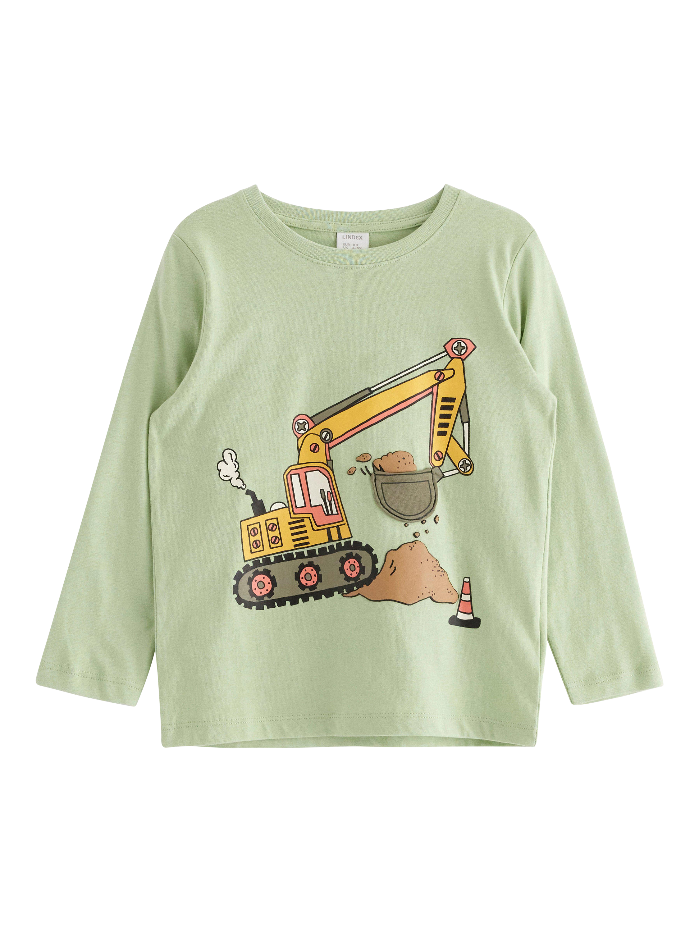 Product image 4 of 6, which shows Lindex Kids' Cotton Digger Print Long Sleeve T-Shirt, Light Dusty Green, 6-7 years