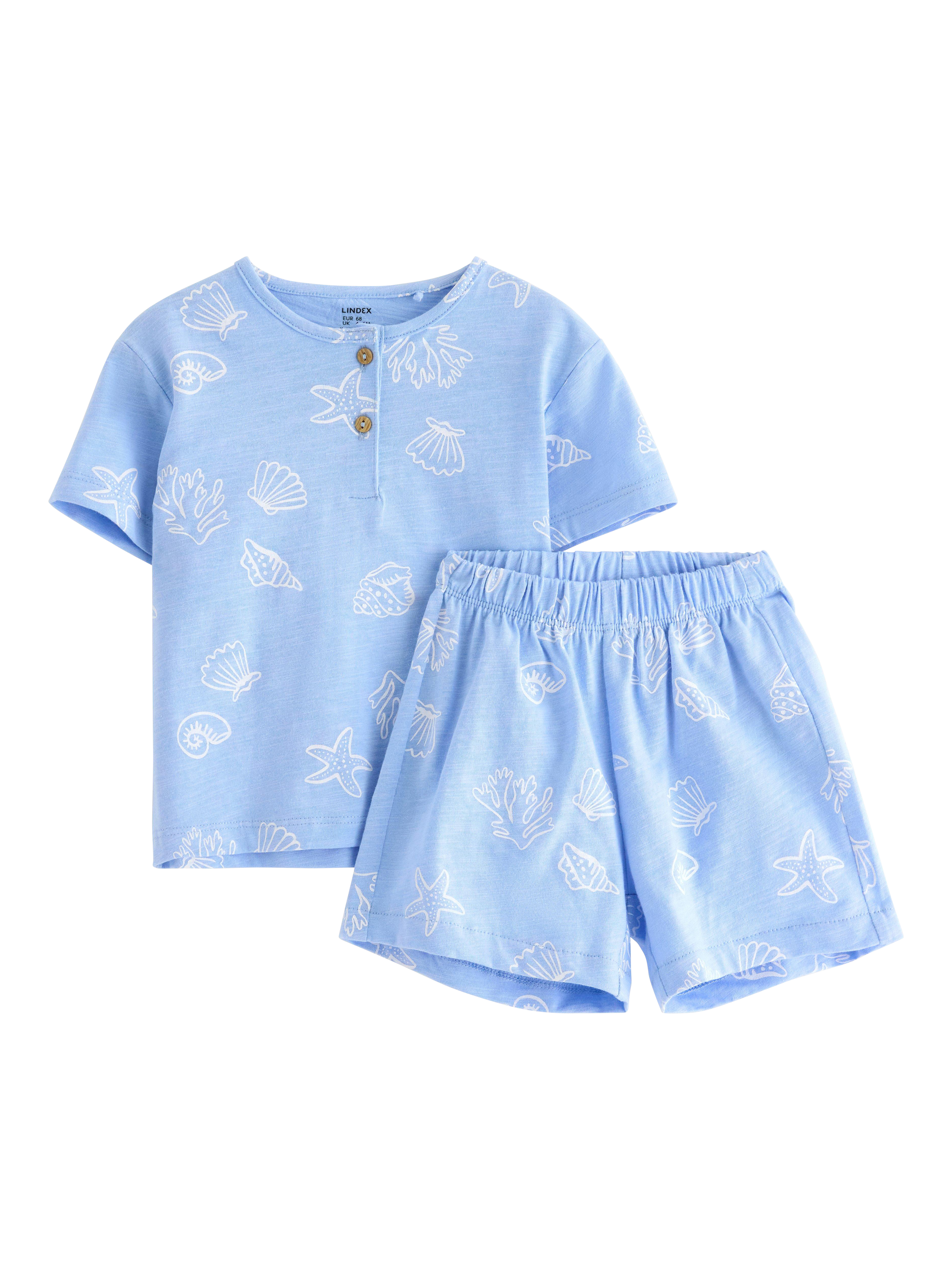 Product image 1 of 3, which shows Lindex Baby Cotton Shell Print T-Shirt & Shorts Set, Light Blue, 12-18 months