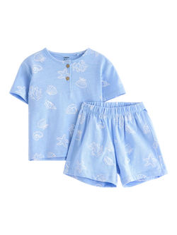 Lindex Baby Cotton Shell Print T-Shirt & Shorts Set, Light Blue, Light Blue