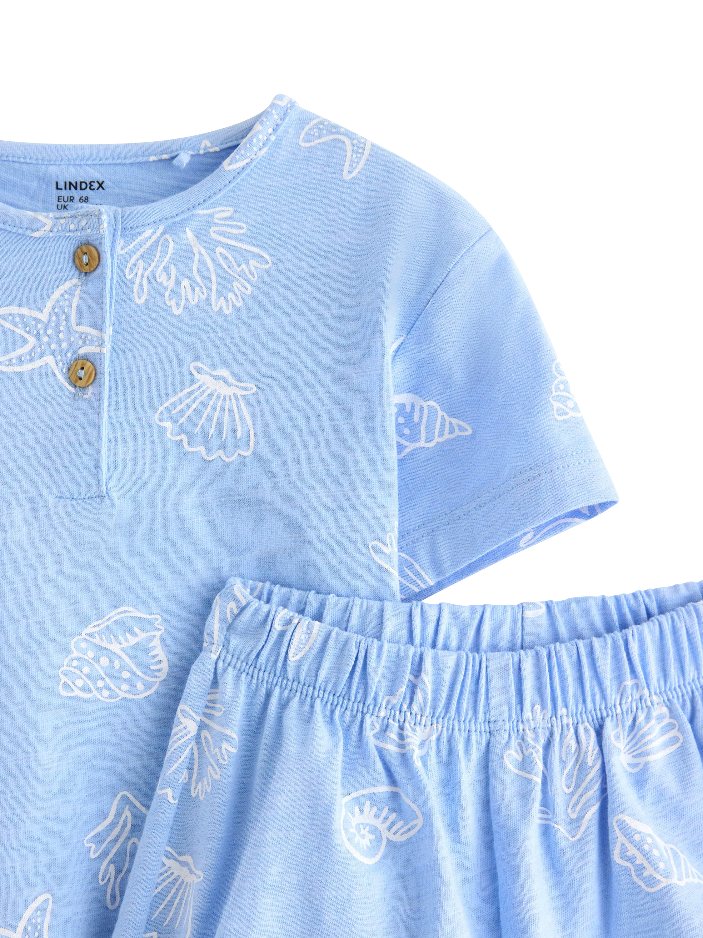 Product image 3 of 3, which shows Lindex Baby Cotton Shell Print T-Shirt & Shorts Set, Light Blue, 12-18 months