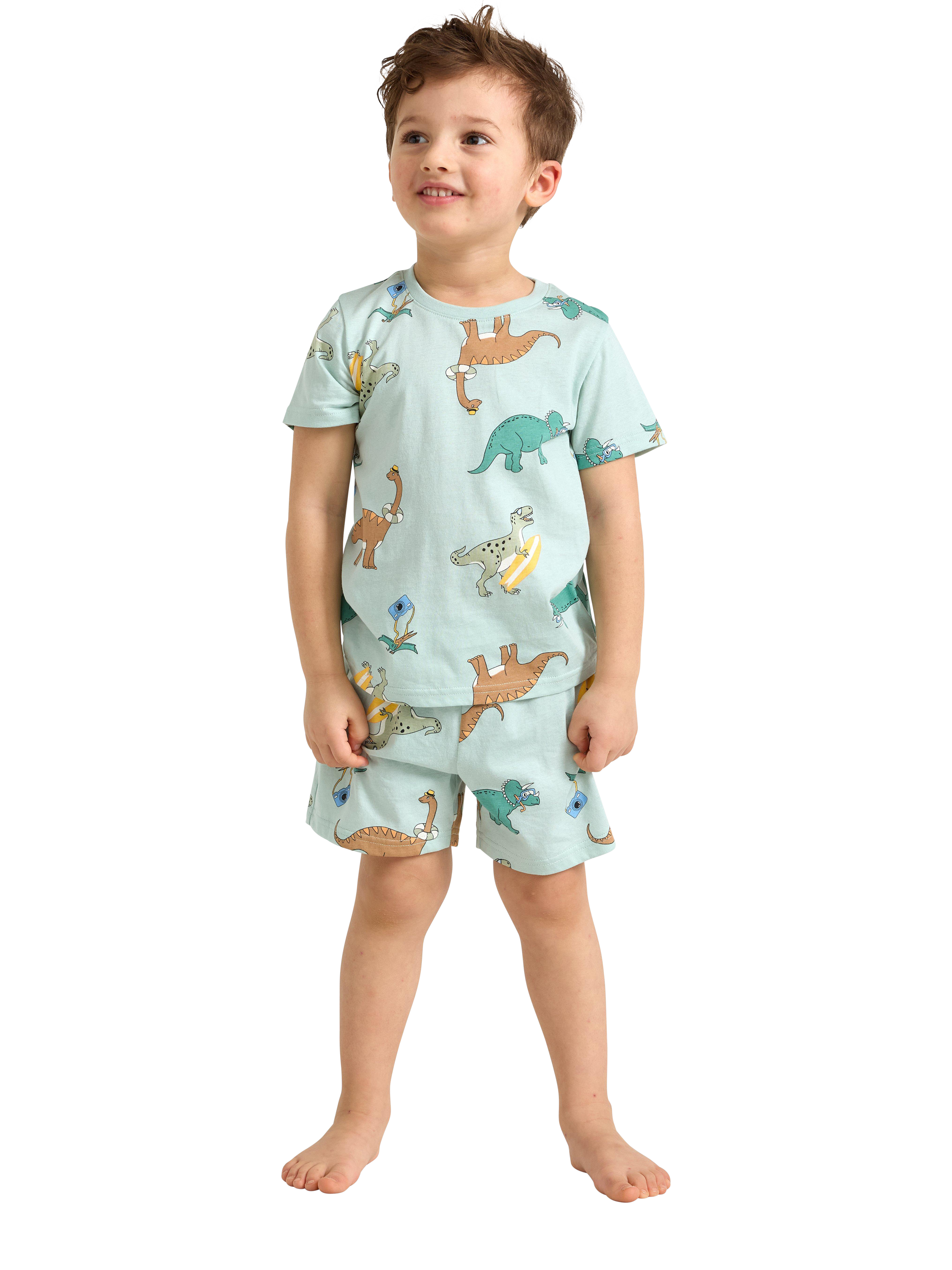 Product image 1 of 3, which shows Lindex Kids' Cotton Dinosaur Print Shortie Pyjama Set, Light Dusty Turquois, 2-4 years