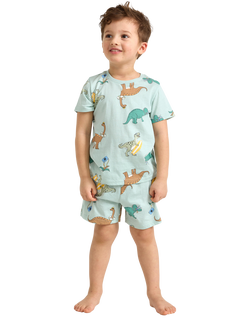 Lindex Kids' Cotton Dinosaur Print Shortie Pyjama Set, Light Dusty Turquois, Light Dusty Turquois