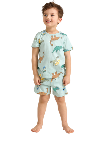 Lindex Kids' Cotton Dinosaur Print Shortie Pyjama Set, Light Dusty Turquois, Light Dusty Turquois