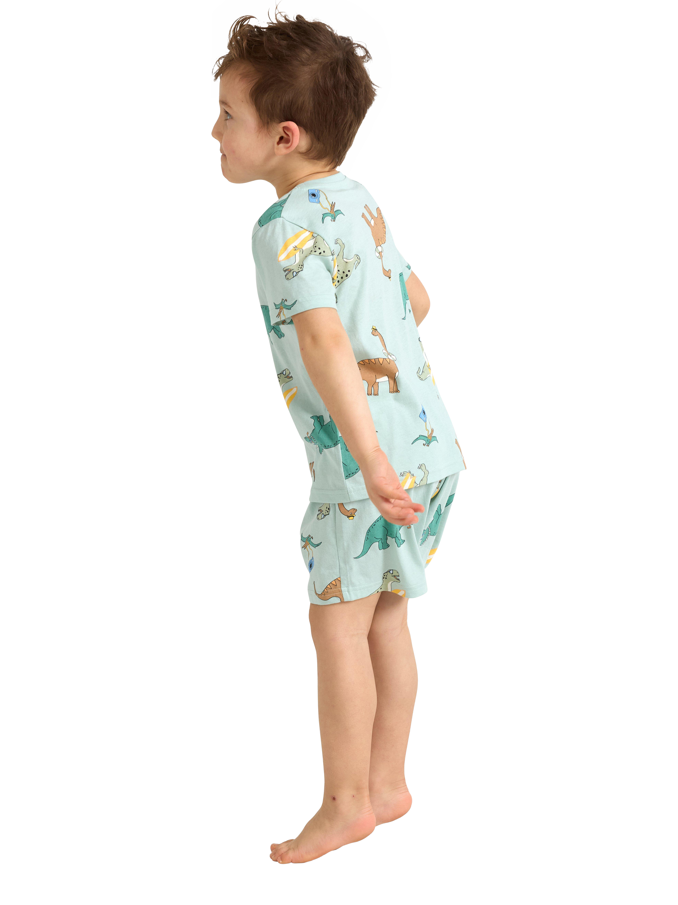 Product image 2 of 3, which shows Lindex Kids' Cotton Dinosaur Print Shortie Pyjama Set, Light Dusty Turquois, 2-4 years