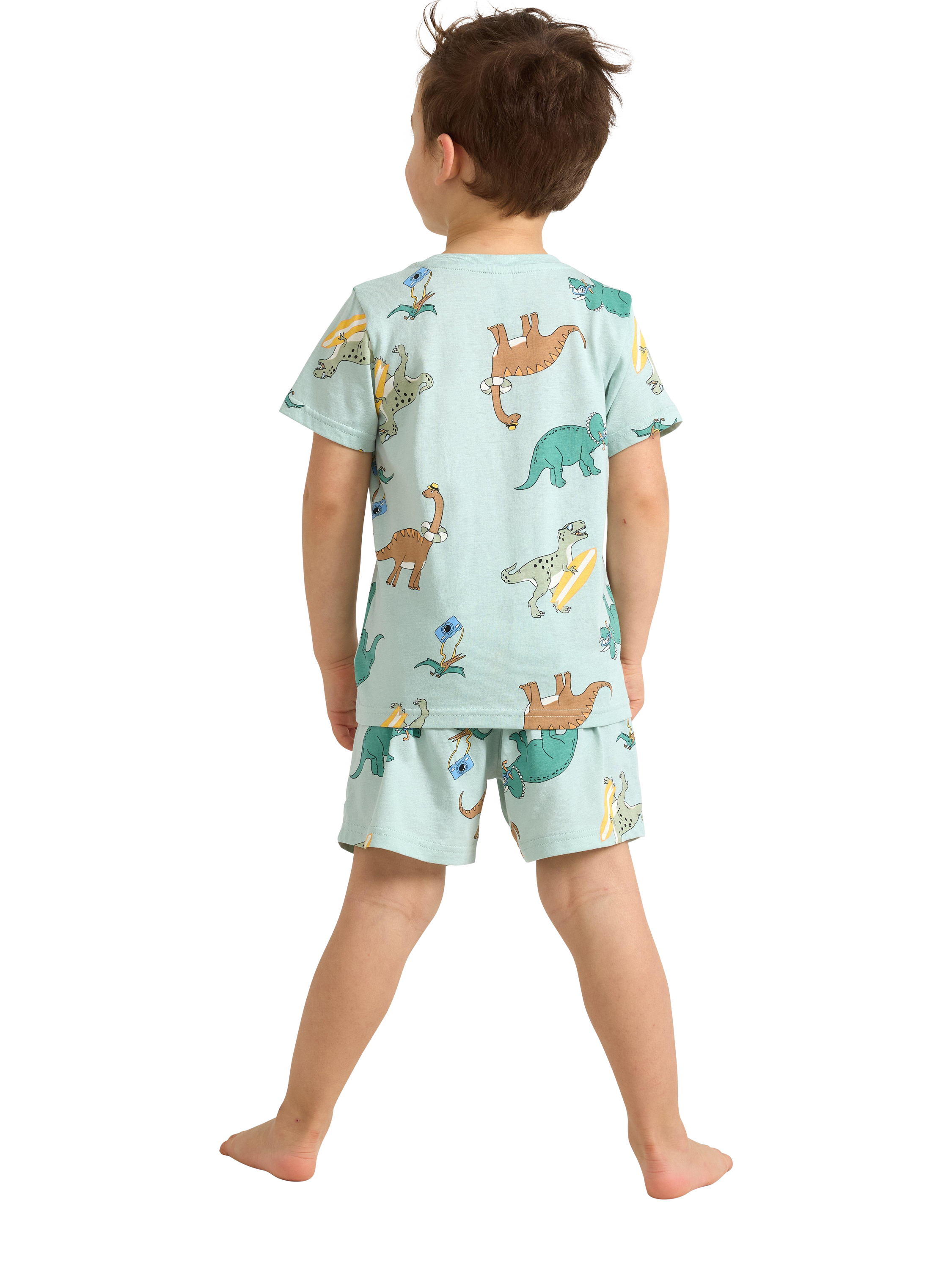 Product image 3 of 3, which shows Lindex Kids' Cotton Dinosaur Print Shortie Pyjama Set, Light Dusty Turquois, 2-4 years