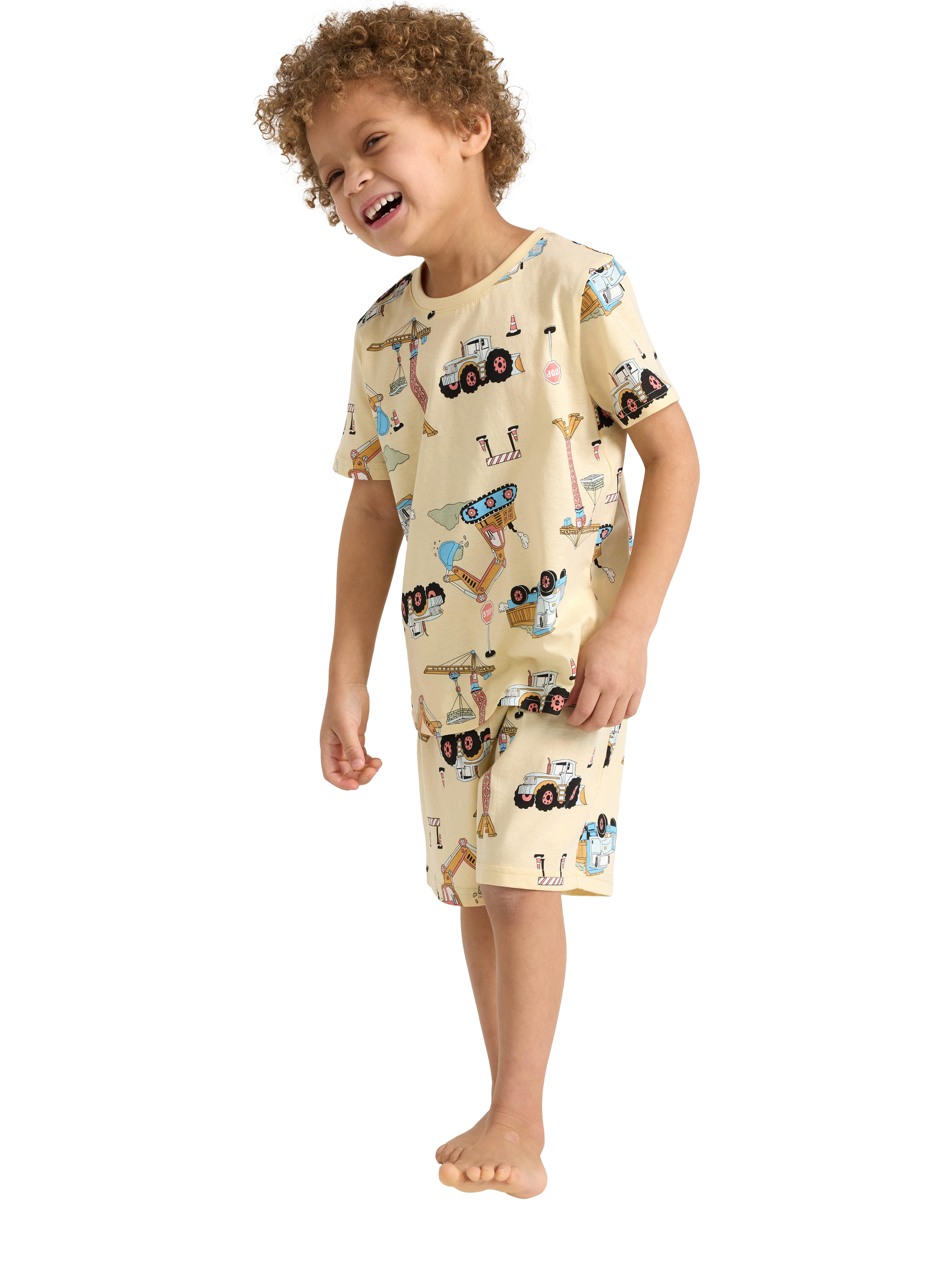 Product image 1 of 6, which shows Lindex Kids' Cotton Construction Print Shortie Pyjama Set, Light Yellow, 4-6 years
