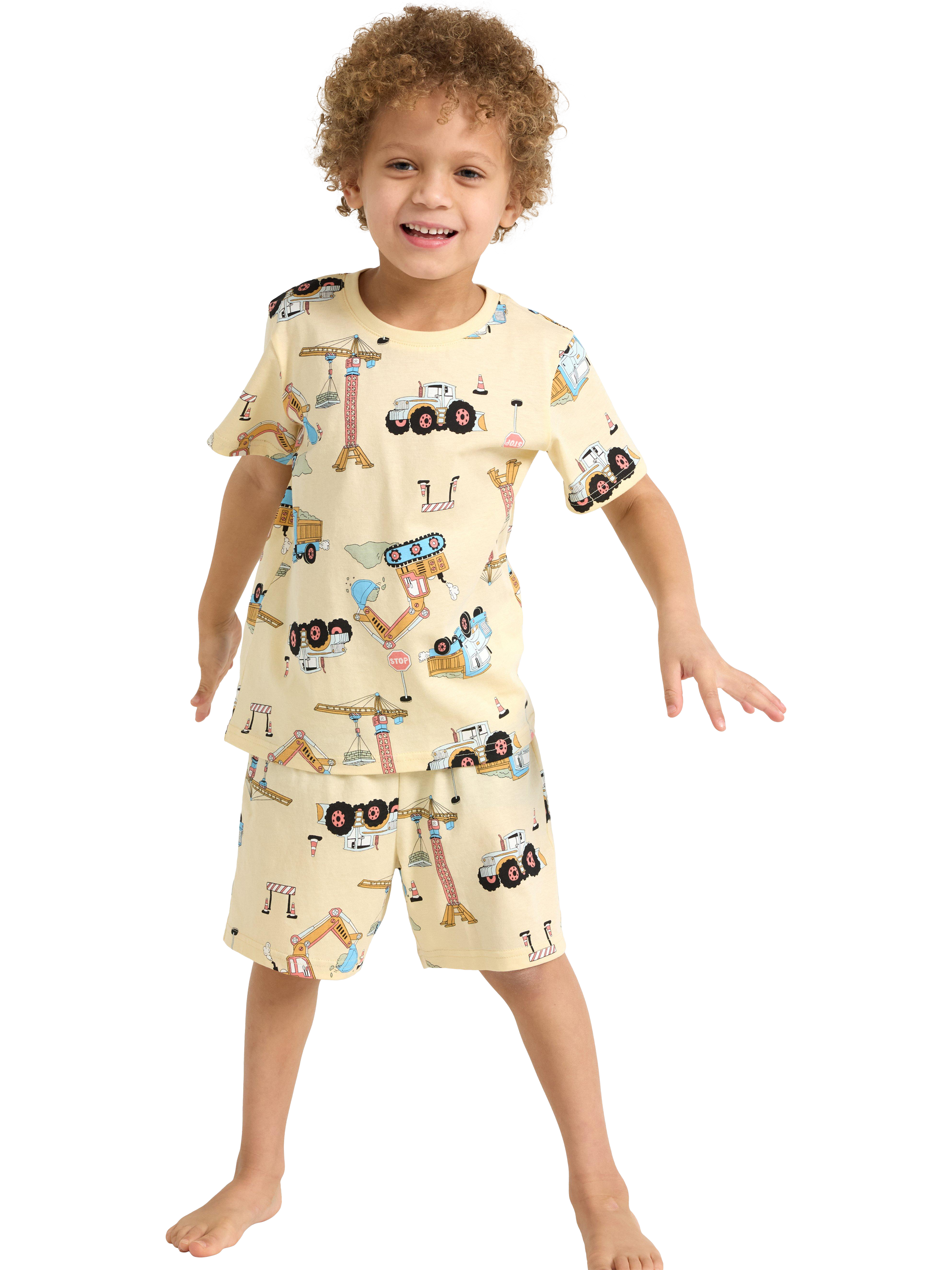 Product image 3 of 6, which shows Lindex Kids' Cotton Construction Print Shortie Pyjama Set, Light Yellow, 4-6 years