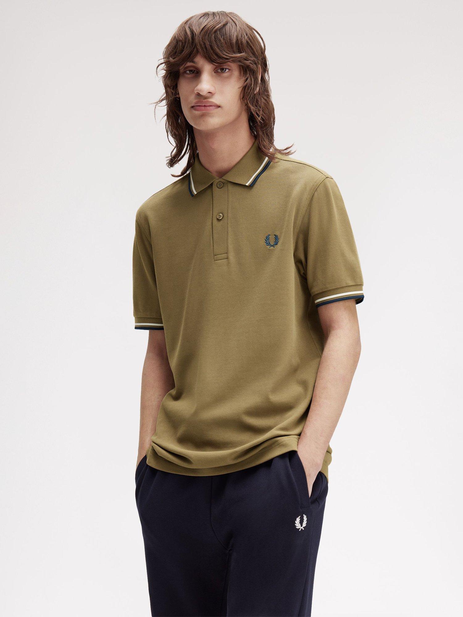 Product image 3 of 5, which shows Fred Perry Cotton Regular Fit Short Sleeve Polo Shirt, Shdstn/Ecr/Dkpet, S