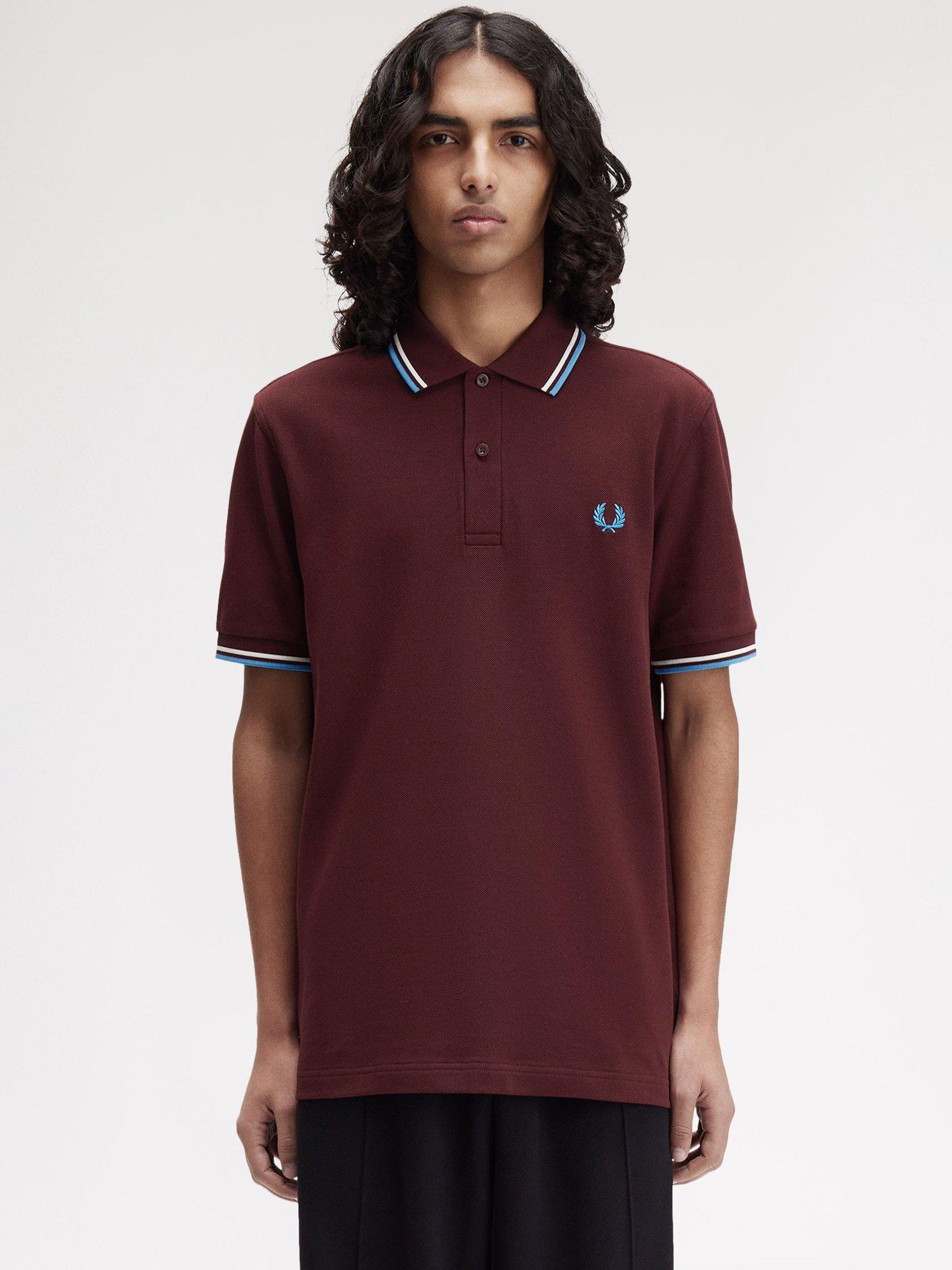 Product image 1 of 5, which shows Fred Perry Cotton Regular Fit Short Sleeve Polo Shirt, Oxbld/Ecr/Crtblu, S