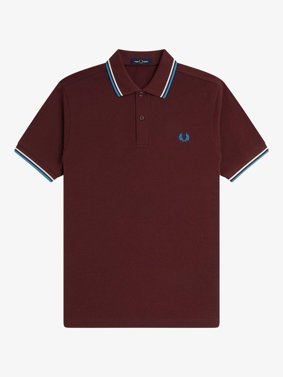 Product image 4 of 5, which shows Fred Perry Cotton Regular Fit Short Sleeve Polo Shirt, Oxbld/Ecr/Crtblu, S