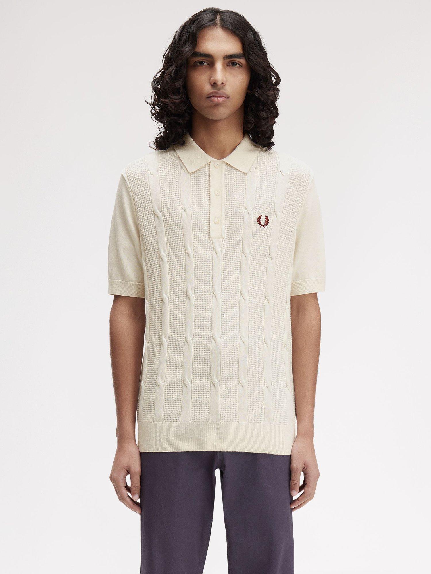 Product image 1 of 5, which shows Fred Perry Cable Knit Shirt Sleeve Polo Shirt, Ecru, L