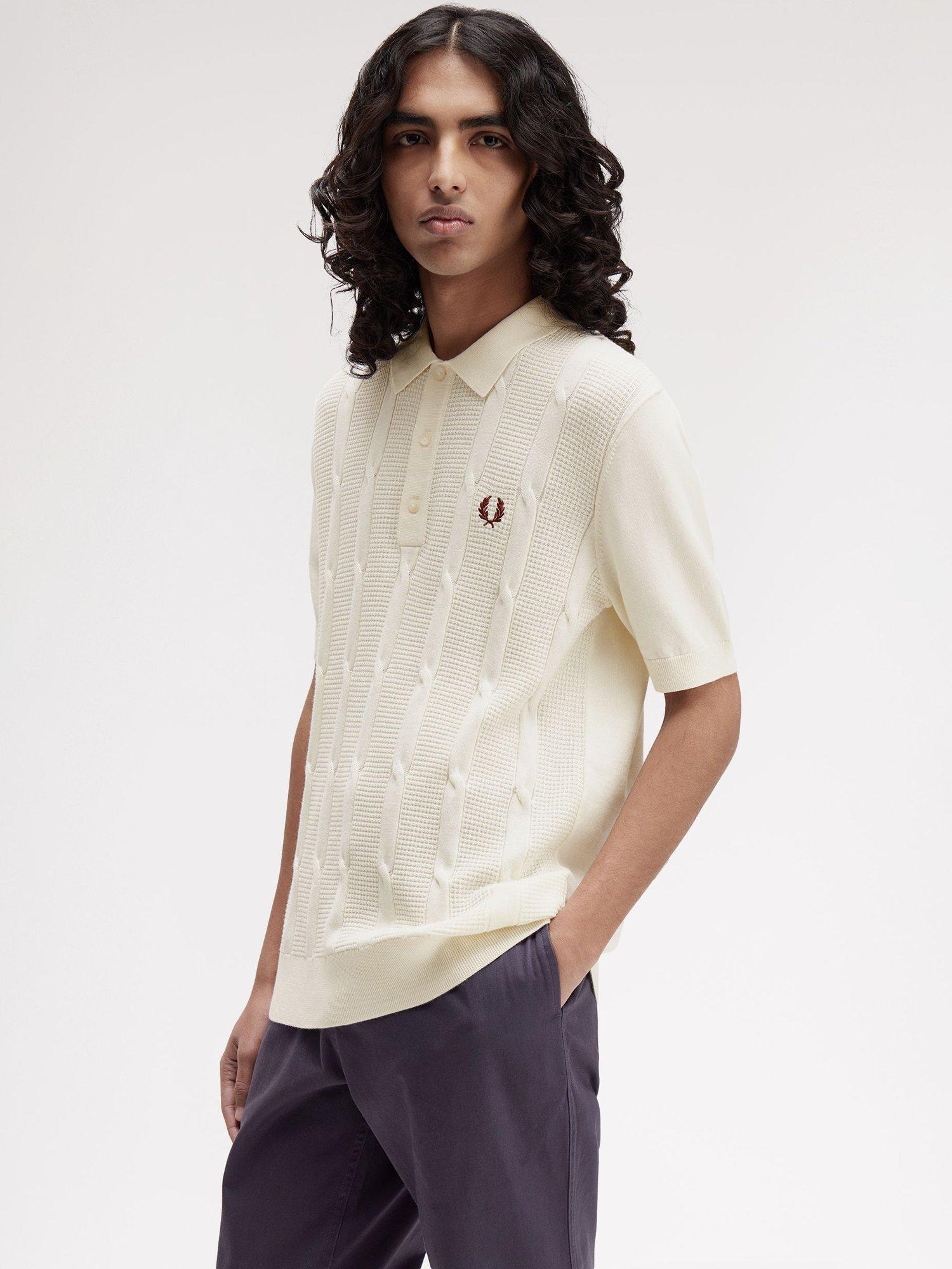 Product image 3 of 5, which shows Fred Perry Cable Knit Shirt Sleeve Polo Shirt, Ecru, L