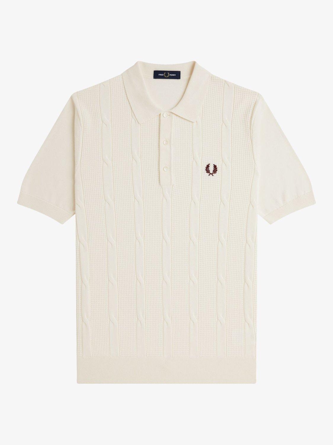 Product image 4 of 5, which shows Fred Perry Cable Knit Shirt Sleeve Polo Shirt, Ecru, L