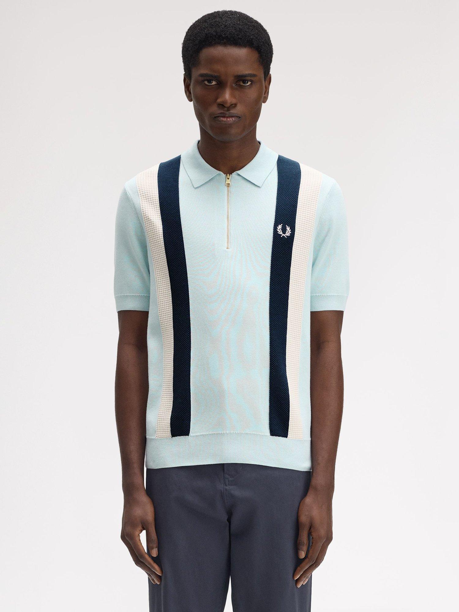 Product image 1 of 5, which shows Fred Perry Cotton Stripe Short Sleeve Collar Jersey Top, Light Ice, M
