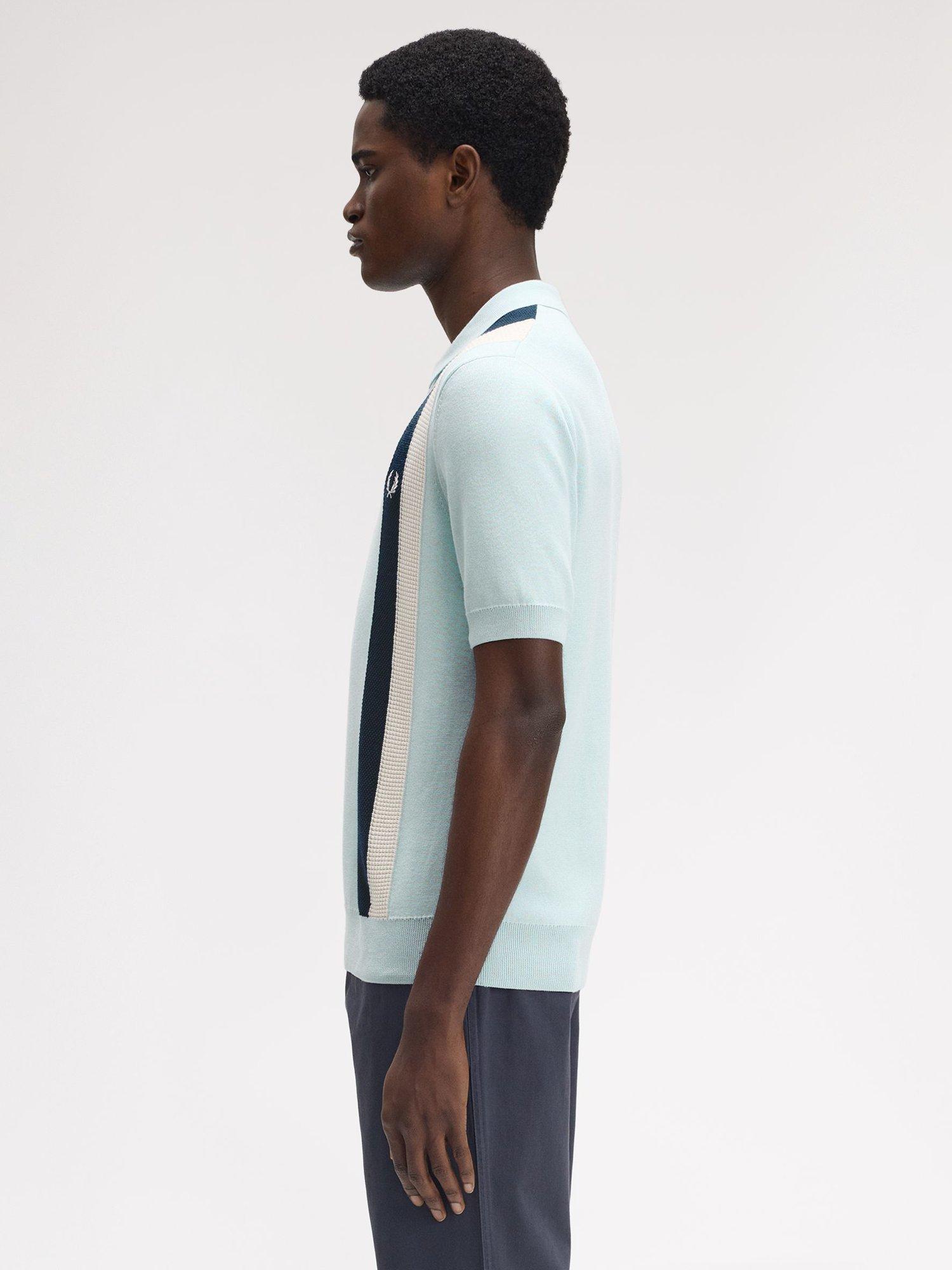 Product image 2 of 5, which shows Fred Perry Cotton Stripe Short Sleeve Collar Jersey Top, Light Ice, M