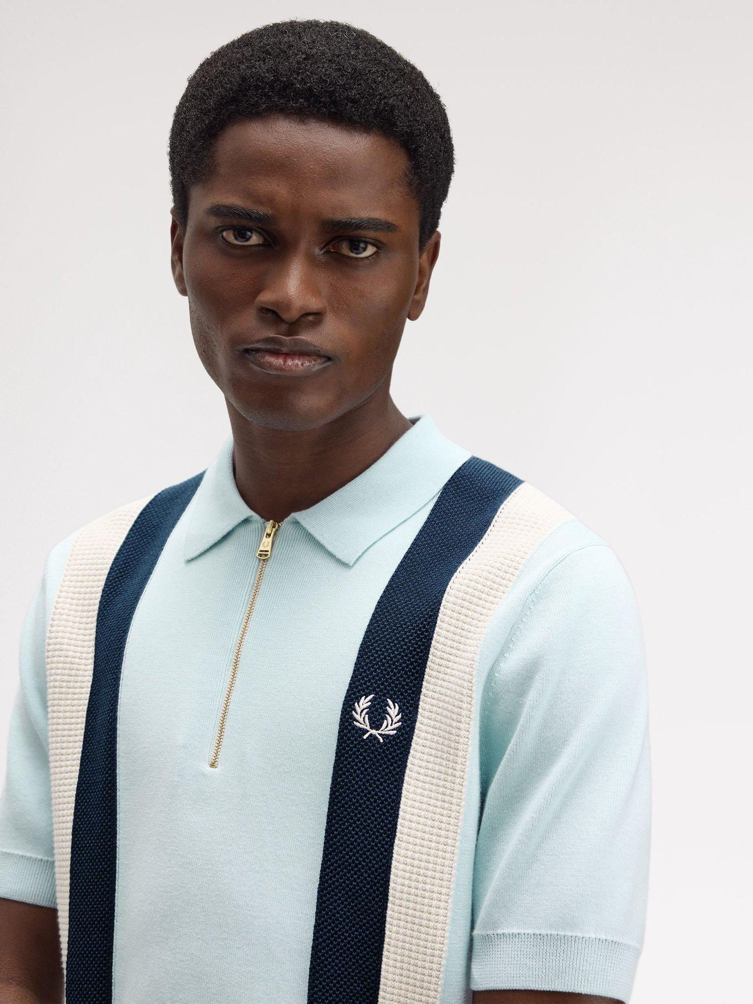 Product image 3 of 5, which shows Fred Perry Cotton Stripe Short Sleeve Collar Jersey Top, Light Ice, M
