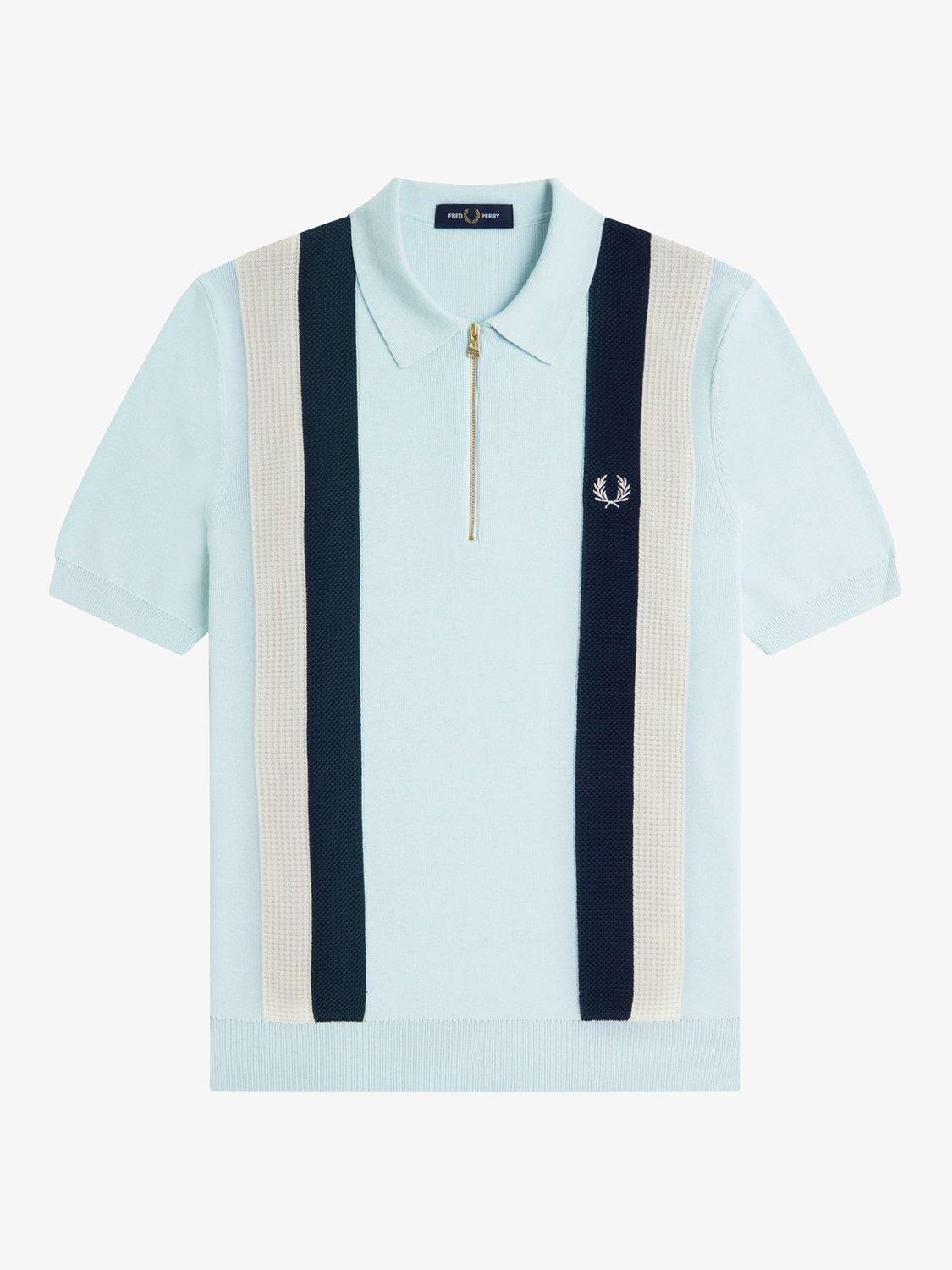 Product image 4 of 5, which shows Fred Perry Cotton Stripe Short Sleeve Collar Jersey Top, Light Ice, M