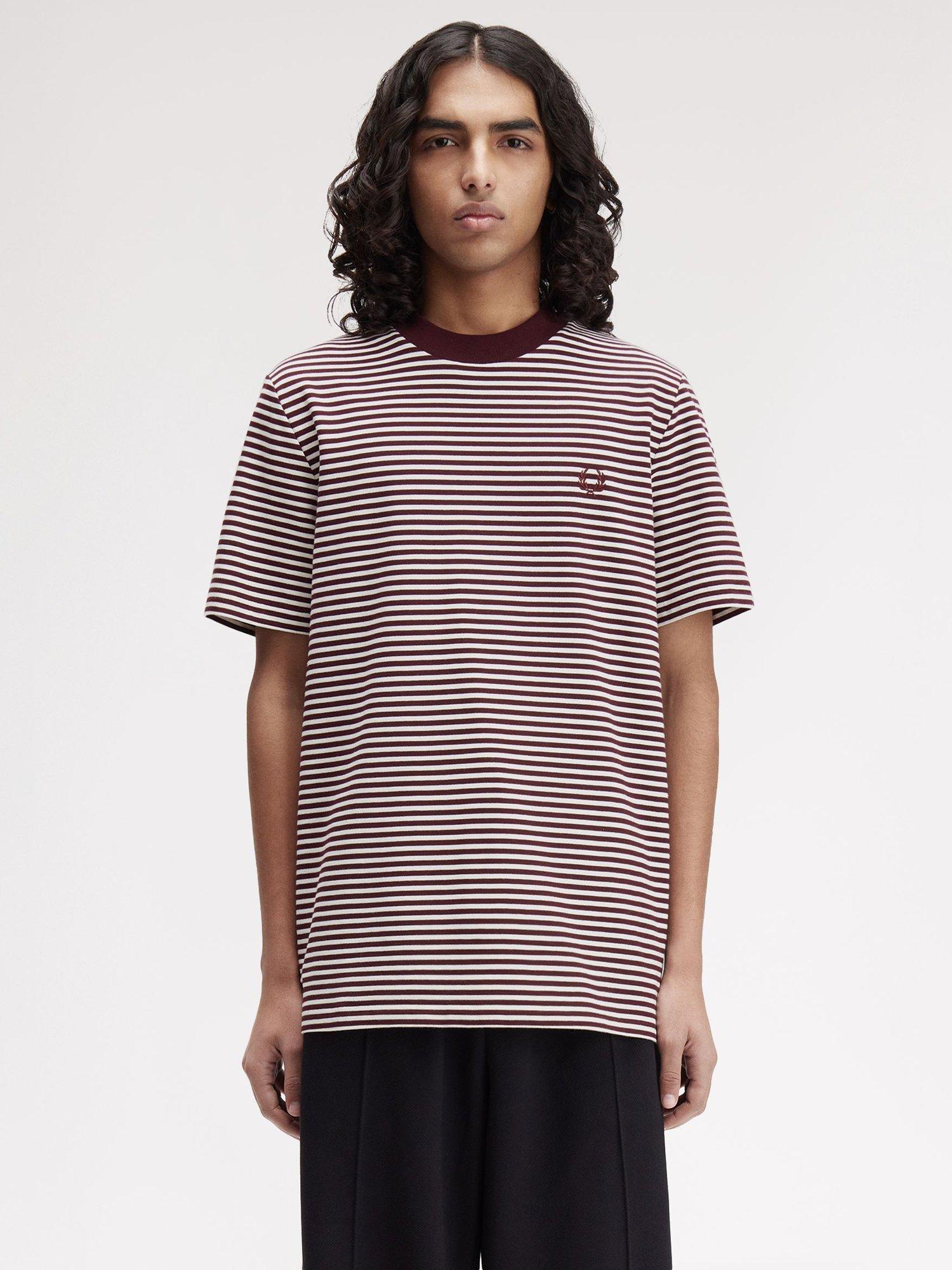 Product image 1 of 5, which shows Fred Perry Fine Stripe Cotton T-Shirt, Oxblood, M