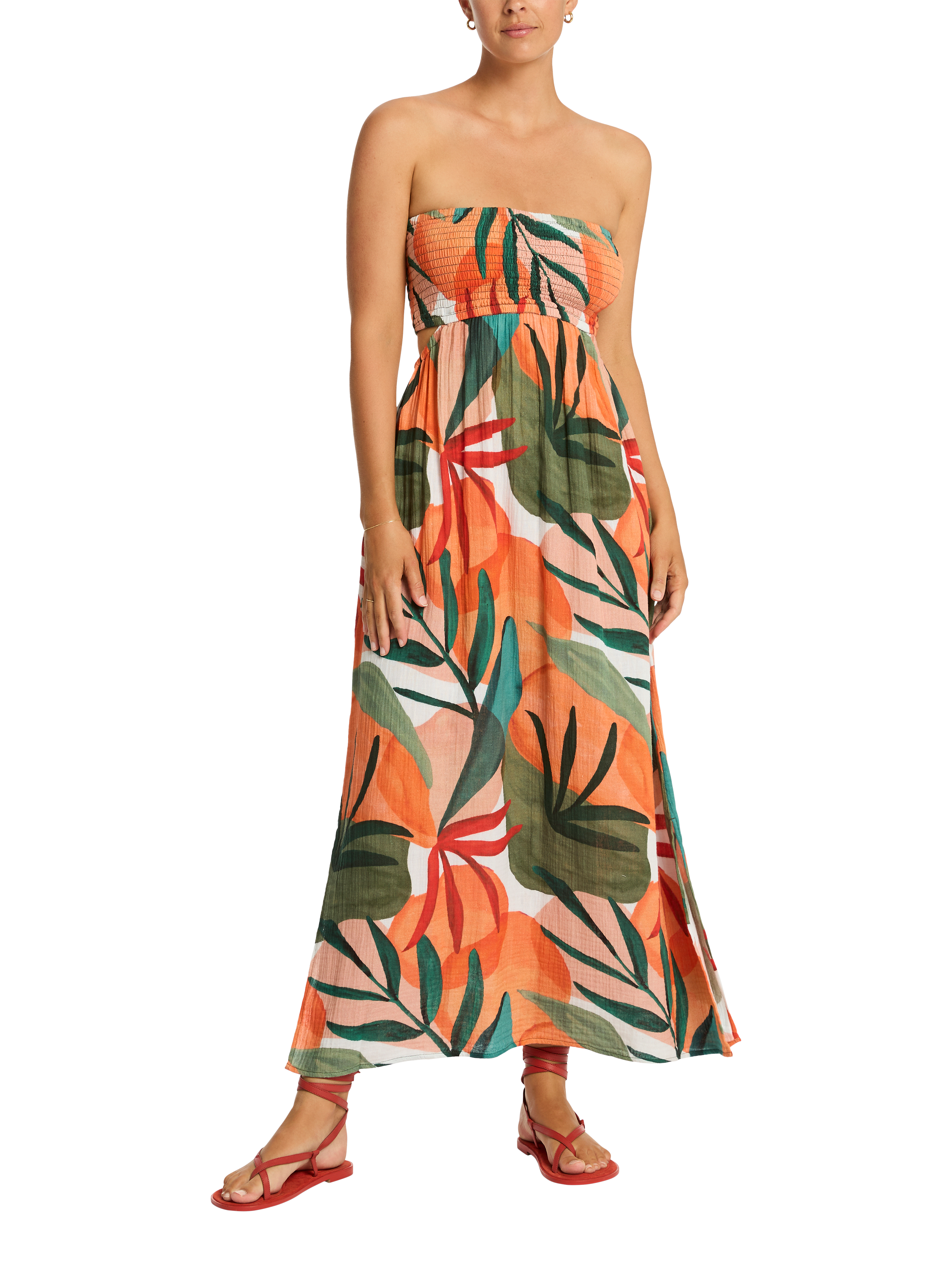 Product image 1 of 5, which shows Sea Level Tropaluxe Cutaway Bandeau Dress, Khaki/Multi, XS