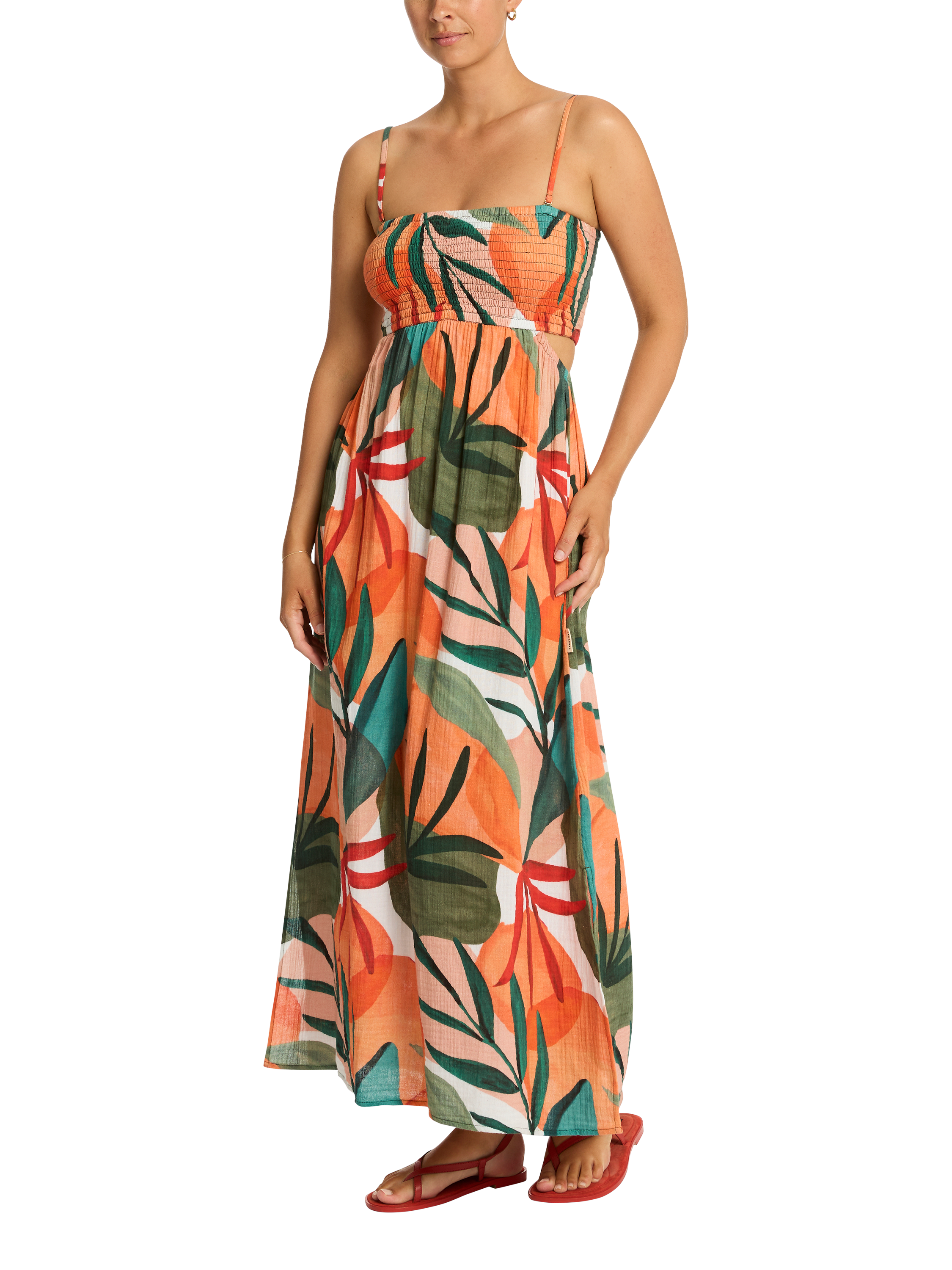 Product image 2 of 5, which shows Sea Level Tropaluxe Cutaway Bandeau Dress, Khaki/Multi, XS