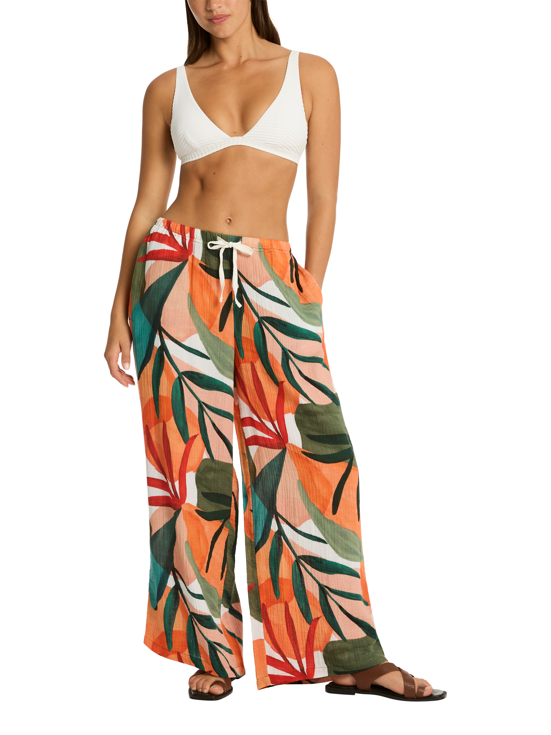Product image 1 of 6, which shows Sea Level Tropaluxe Surf Wide Leg Trousers, Khaki/Multi, XS