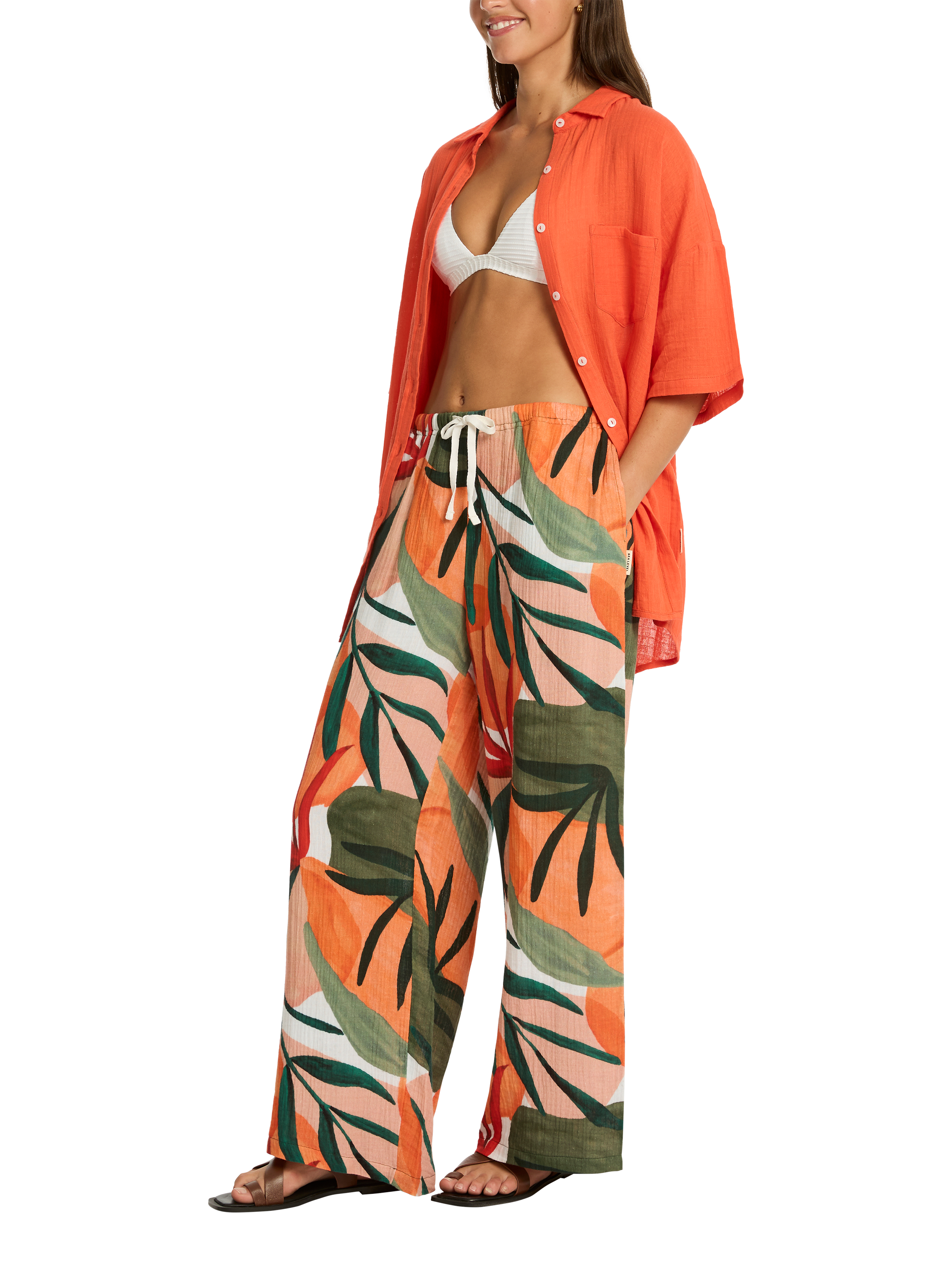 Product image 2 of 6, which shows Sea Level Tropaluxe Surf Wide Leg Trousers, Khaki/Multi, XS