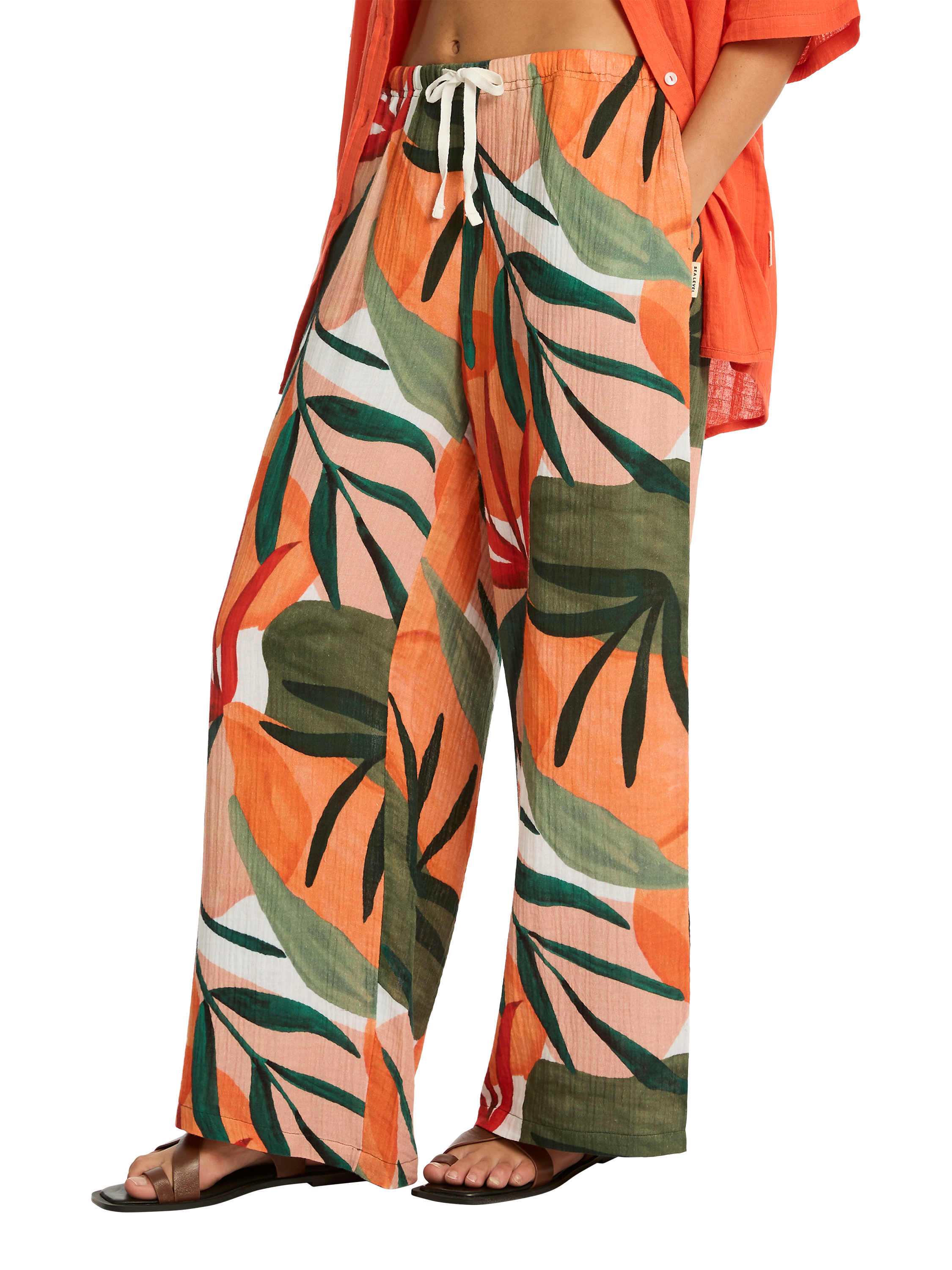 Product image 4 of 6, which shows Sea Level Tropaluxe Surf Wide Leg Trousers, Khaki/Multi, XS