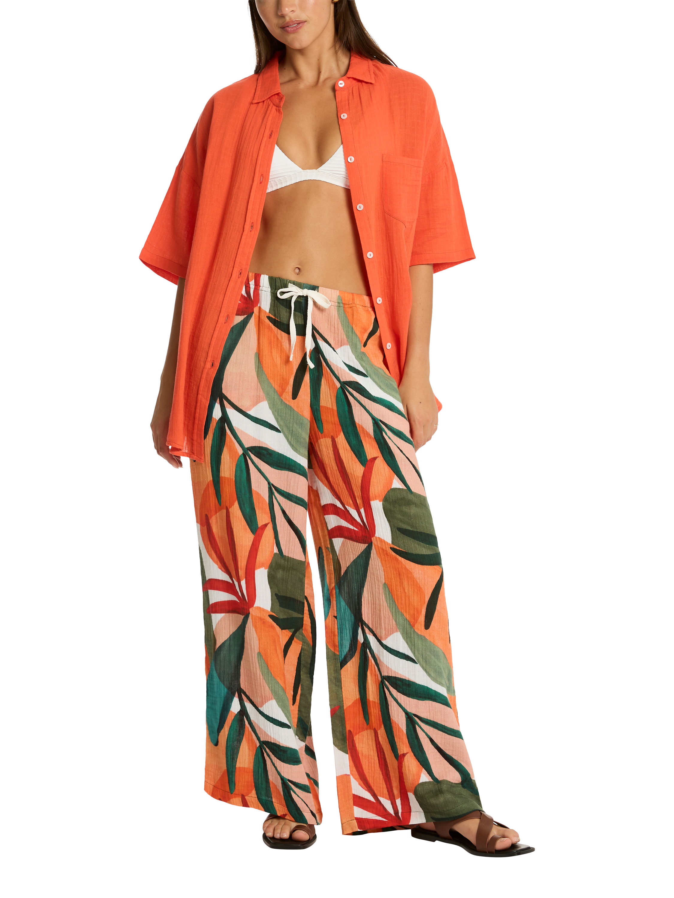 Product image 6 of 6, which shows Sea Level Tropaluxe Surf Wide Leg Trousers, Khaki/Multi, XS