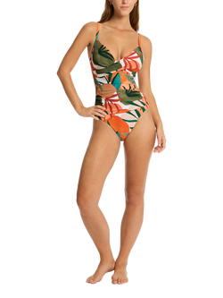 Sea Level Tropaluxe Cross Front Scoop Back Swimsuit, Khaki/Multi, Khaki/Multi