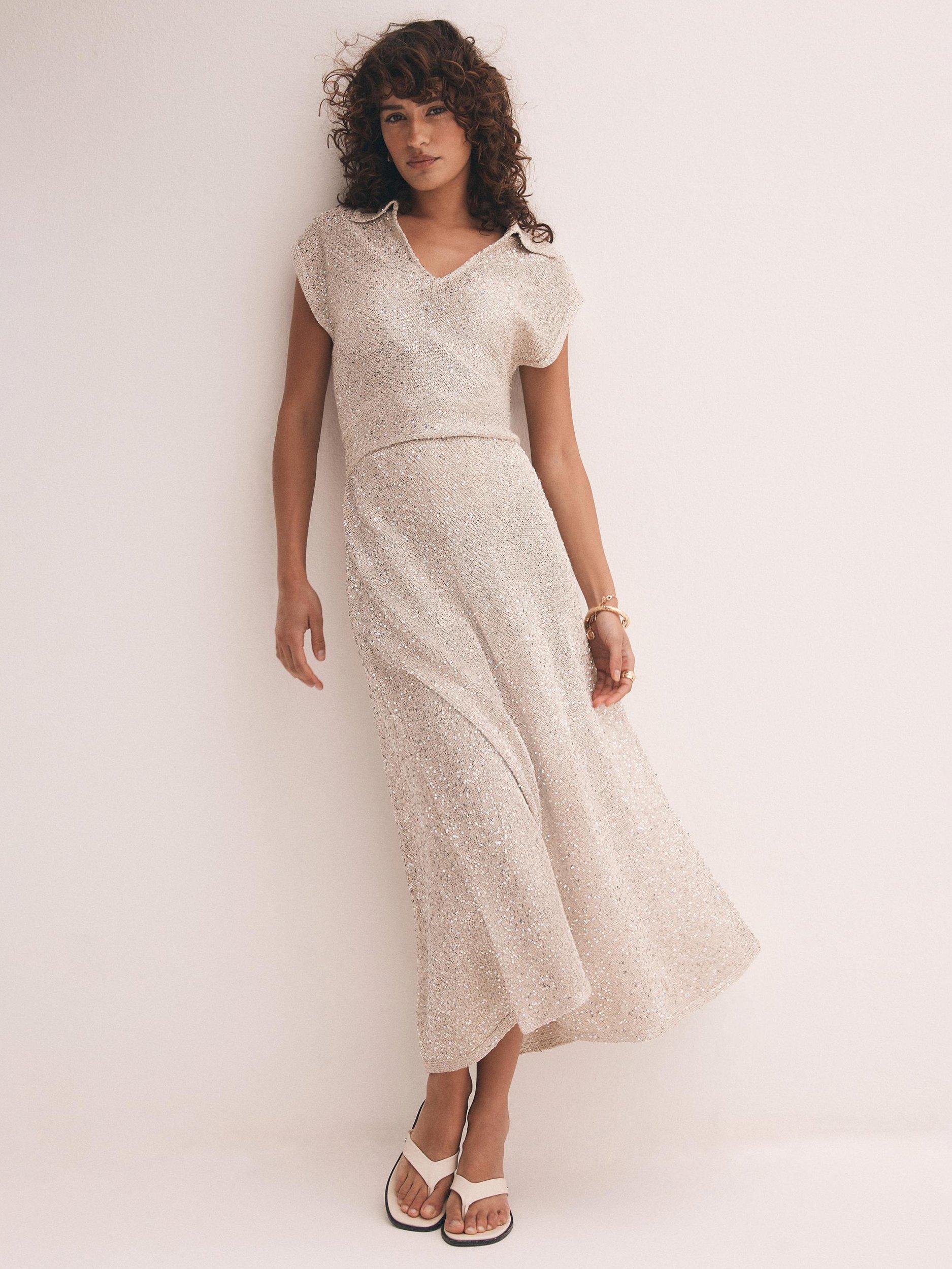 Product image 1 of 8, which shows Mint Velvet Sequin Midi Dress, Natural, XS