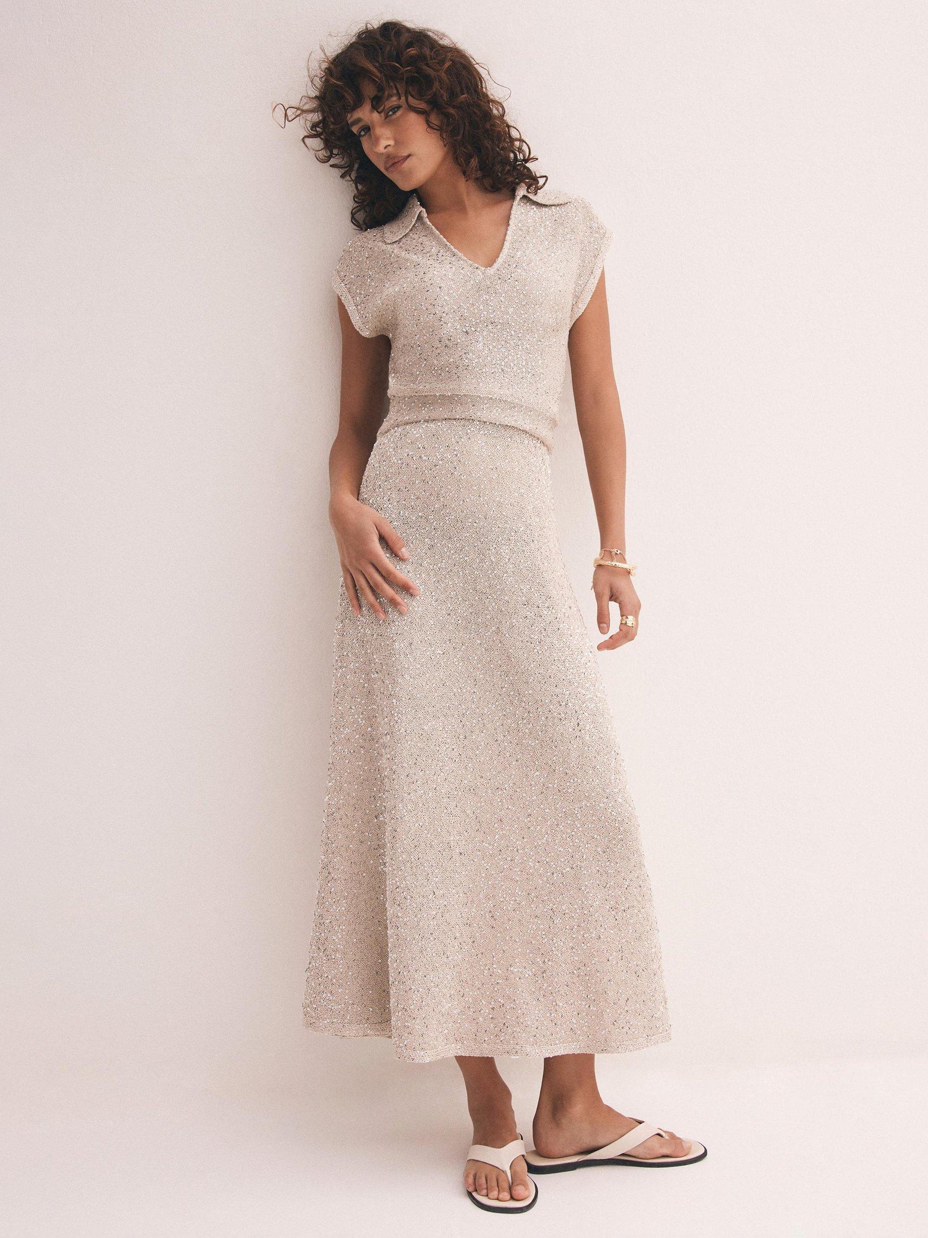 Product image 2 of 8, which shows Mint Velvet Sequin Midi Dress, Natural, XS