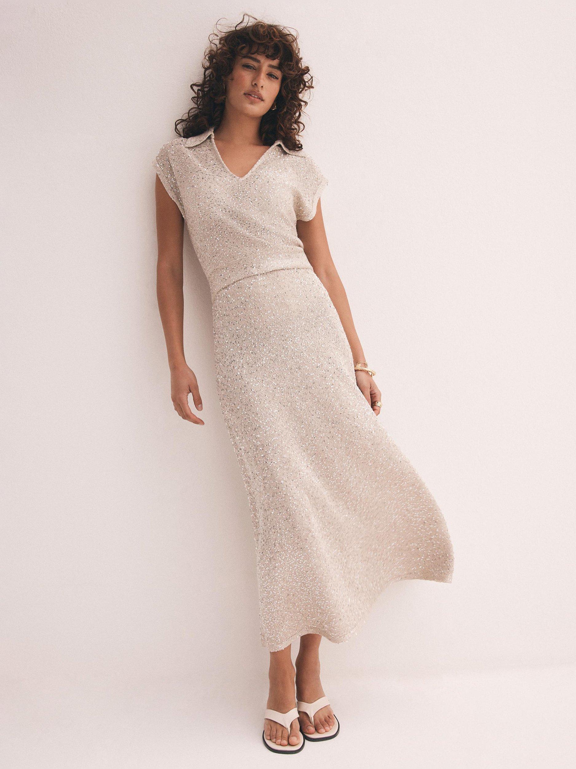 Product image 5 of 8, which shows Mint Velvet Sequin Midi Dress, Natural, XS