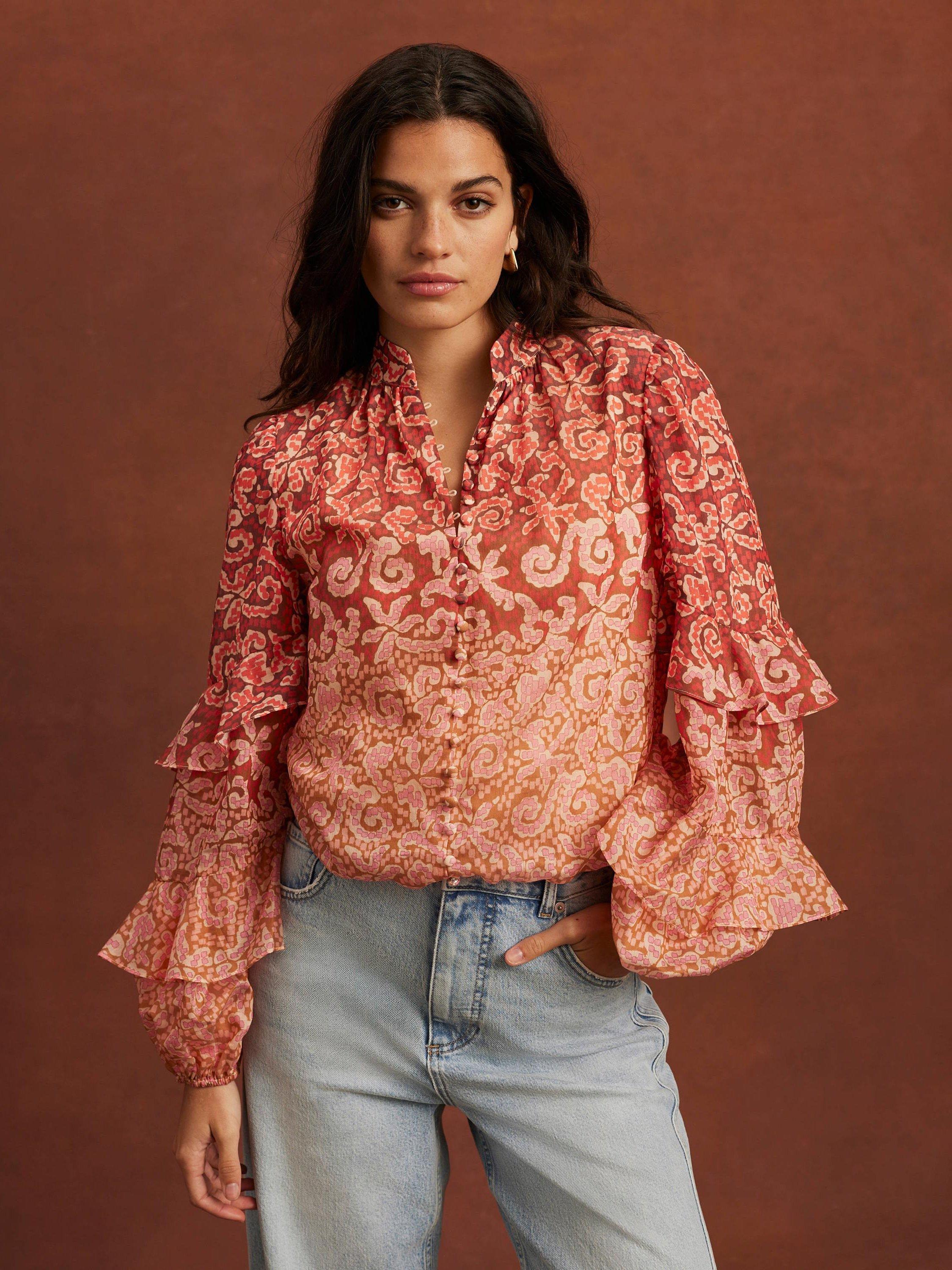 Product image 1 of 8, which shows Mint Velvet Printed Cotton Blouse, Orange/Multi, L