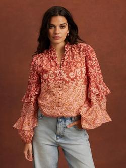 Mint Velvet Printed Cotton Blouse, Orange/Multi