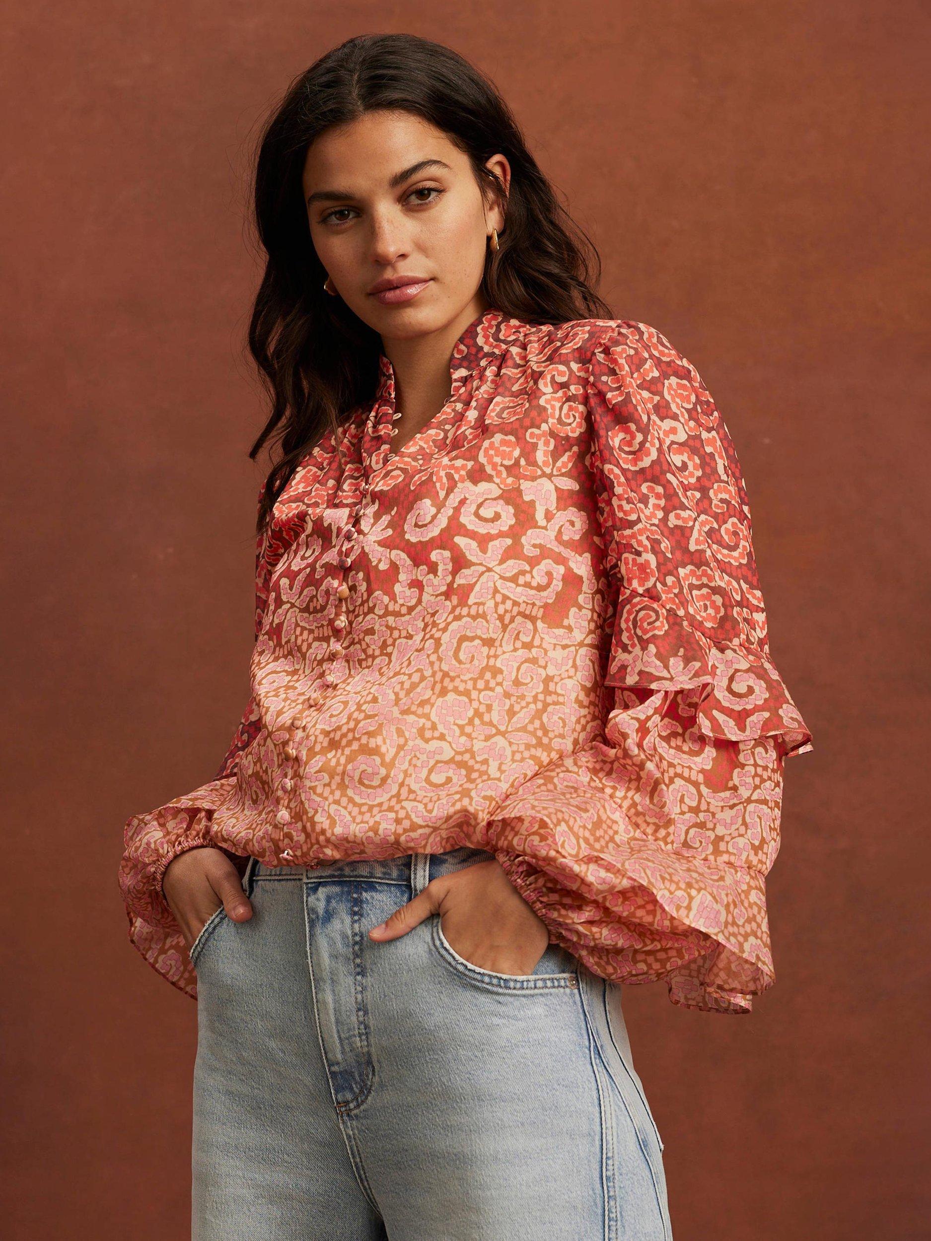 Product image 3 of 8, which shows Mint Velvet Printed Cotton Blouse, Orange/Multi, L
