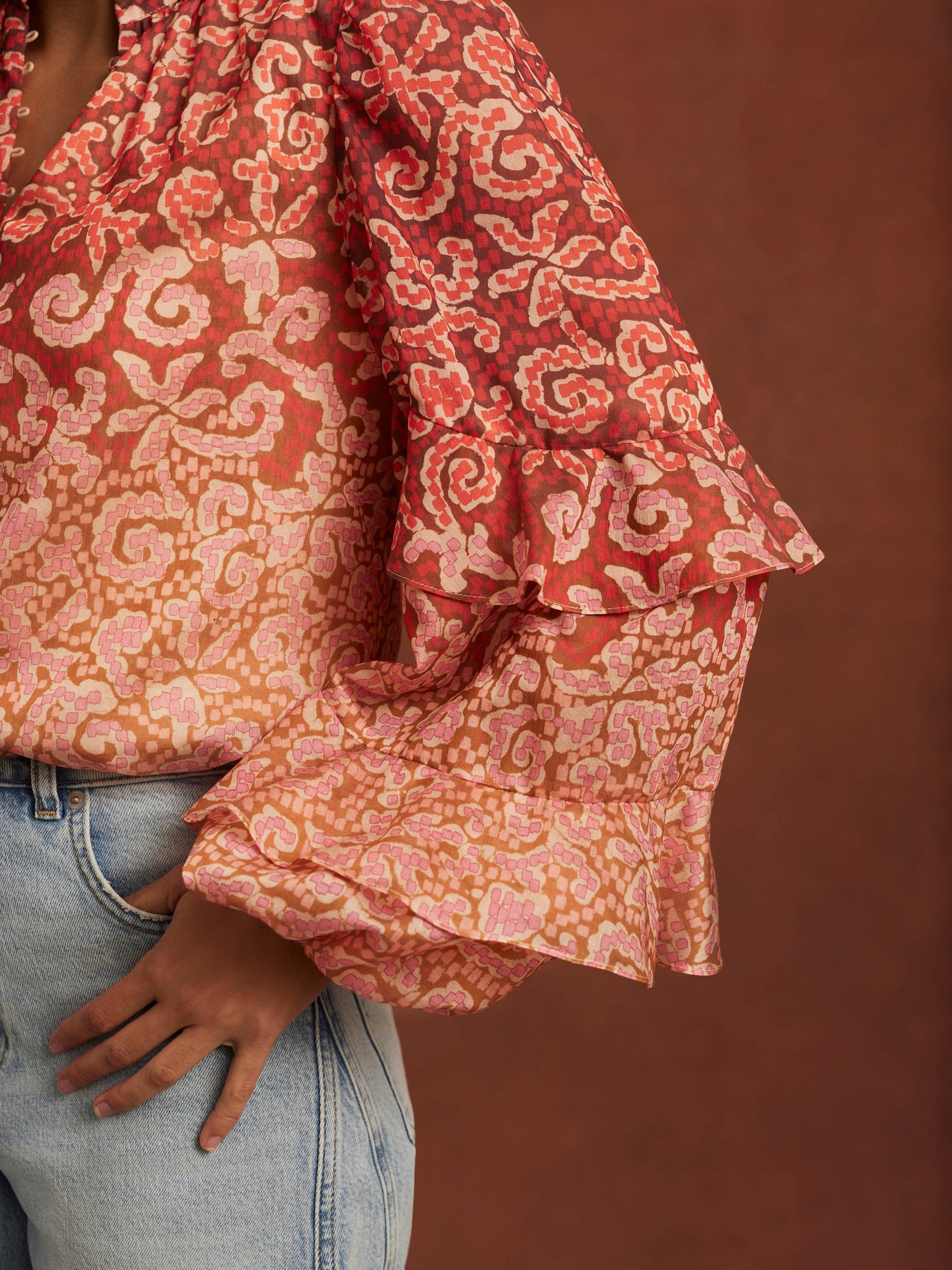 Product image 4 of 8, which shows Mint Velvet Printed Cotton Blouse, Orange/Multi, L