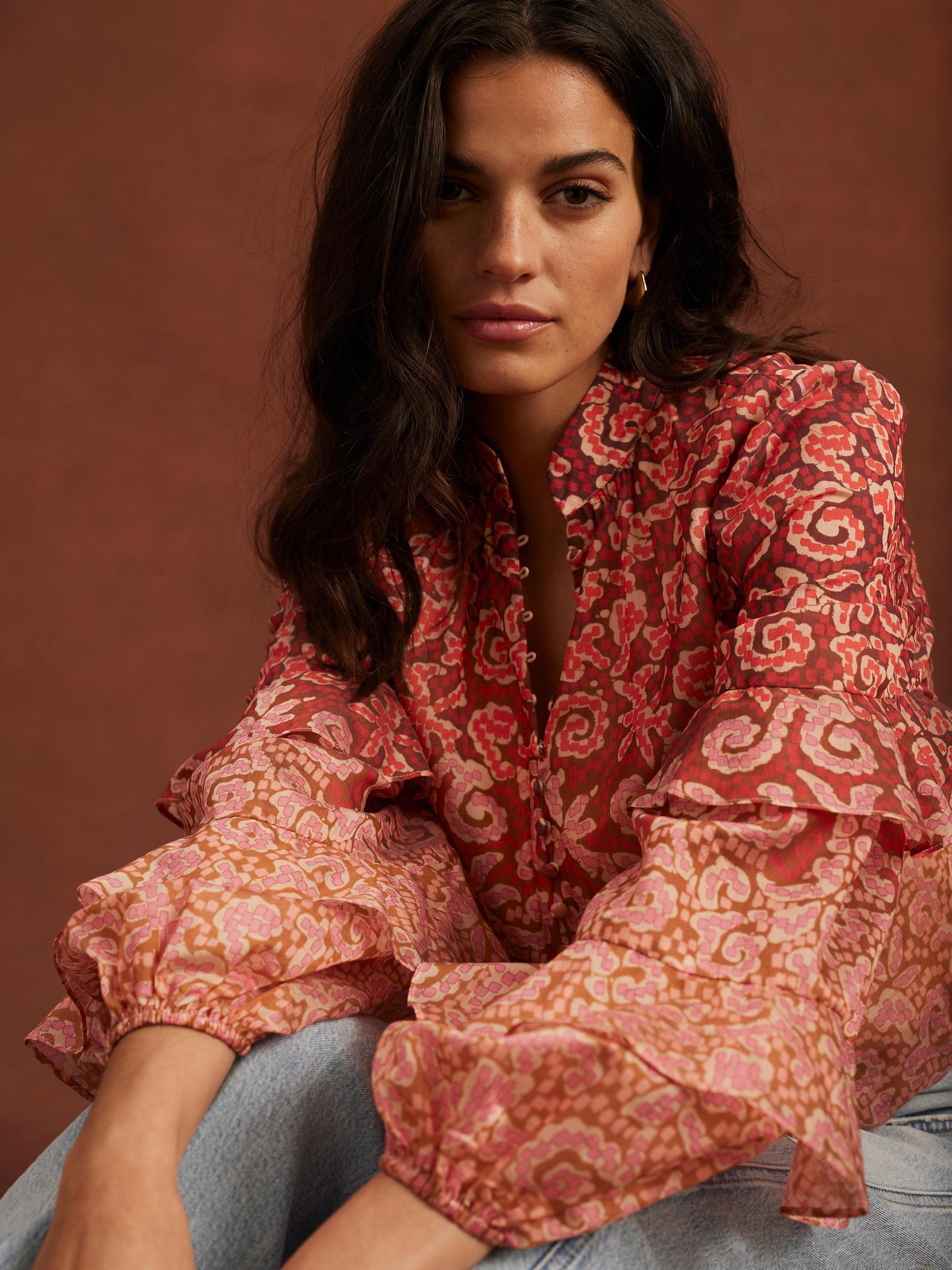 Product image 5 of 8, which shows Mint Velvet Printed Cotton Blouse, Orange/Multi, L