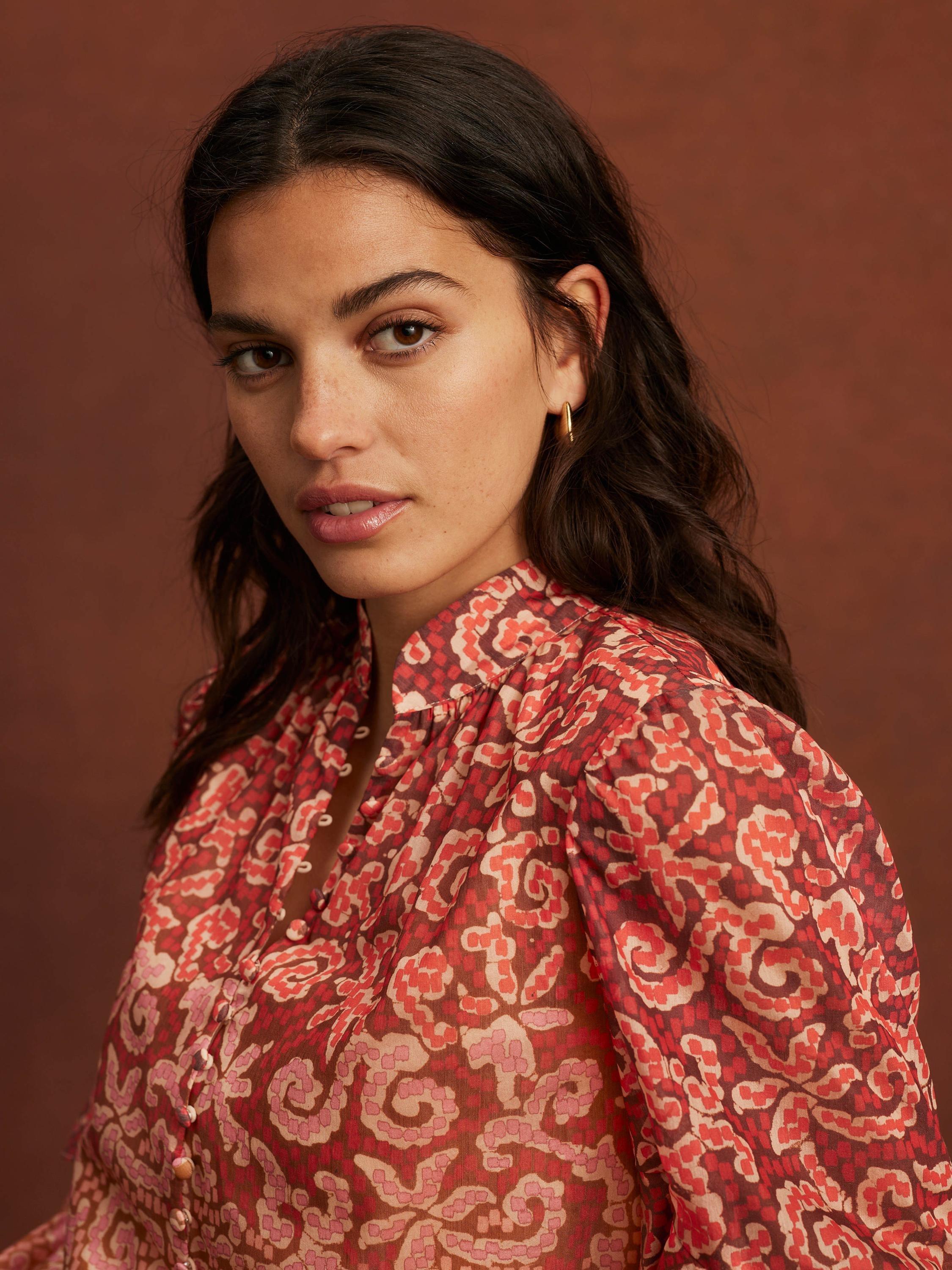 Product image 6 of 8, which shows Mint Velvet Printed Cotton Blouse, Orange/Multi, L