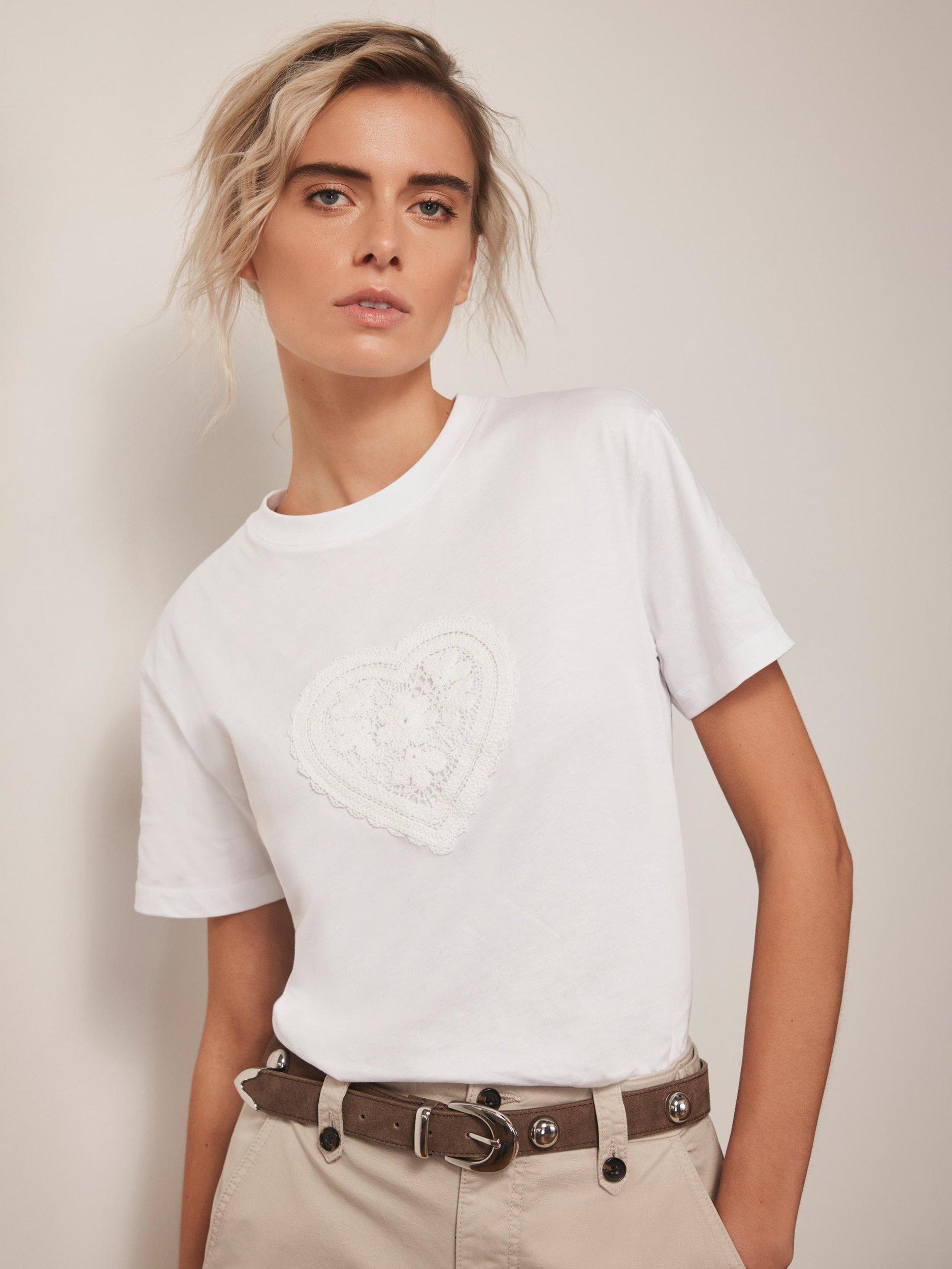 Product image 1 of 7, which shows Mint Velvet Cotton Crochet Heart T-Shirt, White Ivory, XS