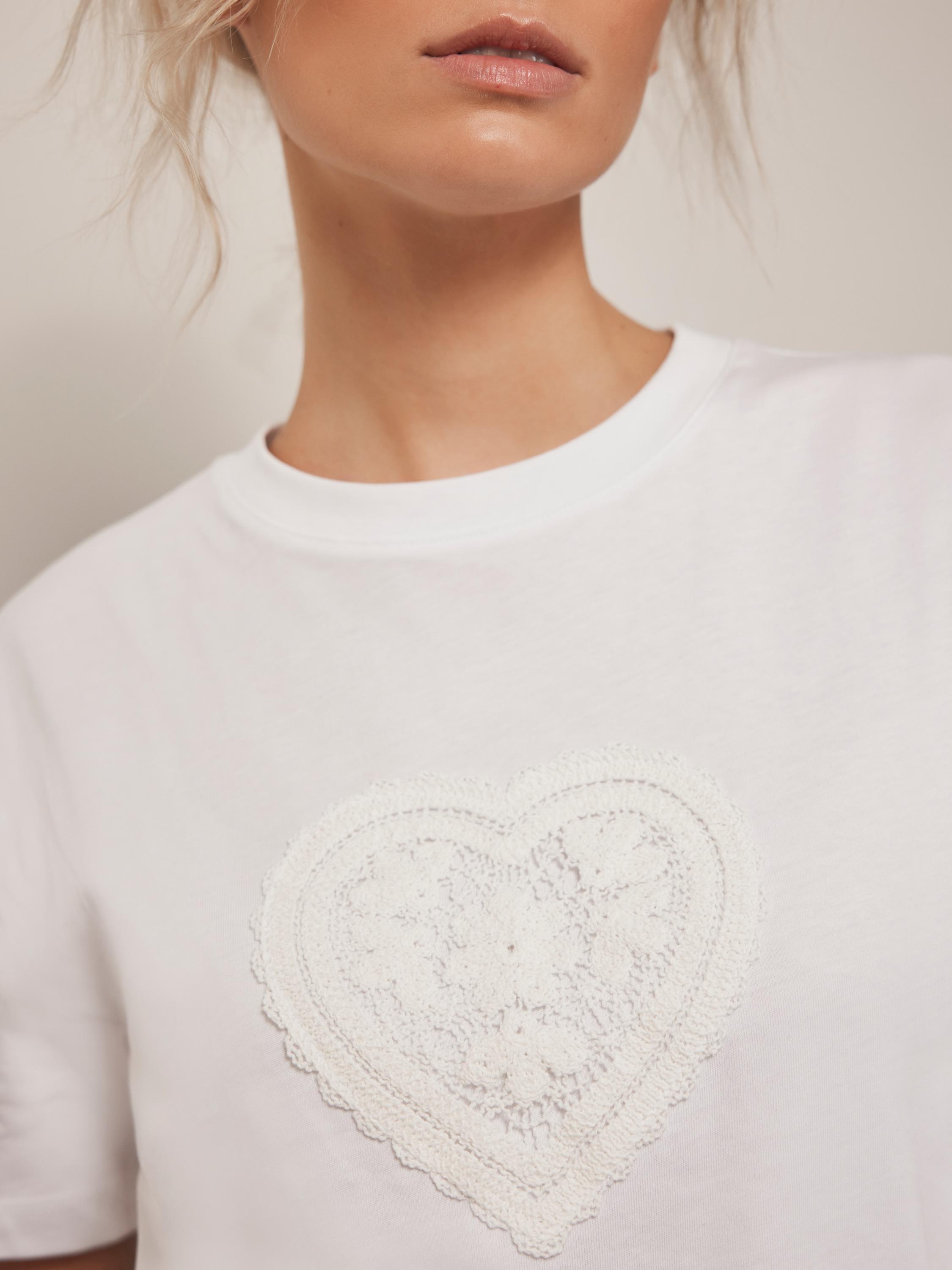 Product image 4 of 7, which shows Mint Velvet Cotton Crochet Heart T-Shirt, White Ivory, XS